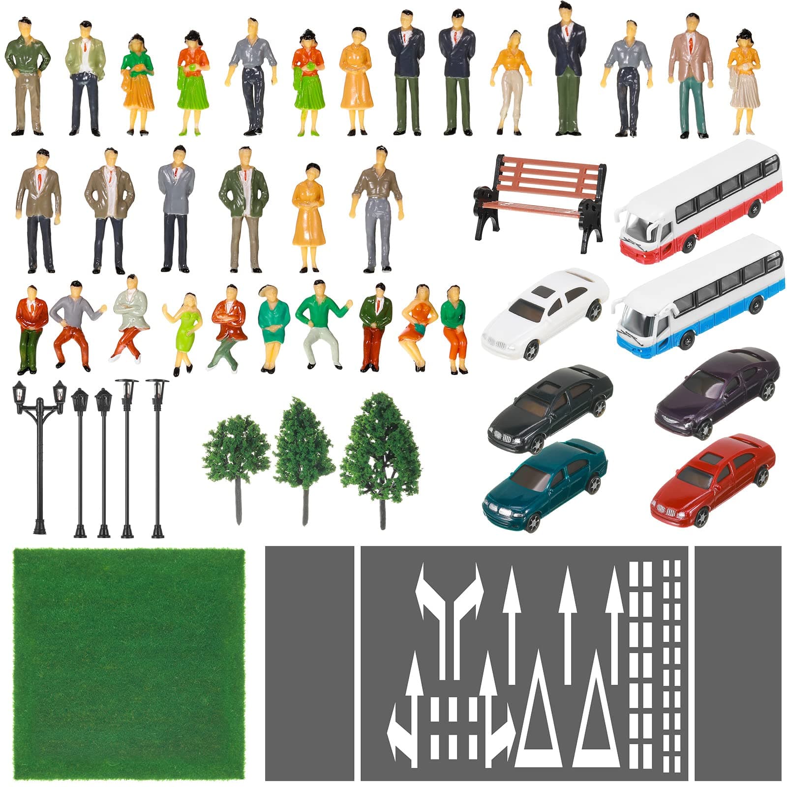Sratte 64 Pcs Railway Scenery Model Trains Architectural 1: 50 1: 87 Scale Painted Figures Include Miniature People Mini Cars Model Trees Lamps Bench Lawn Train Accessories for Micro Scene DIY(Train)