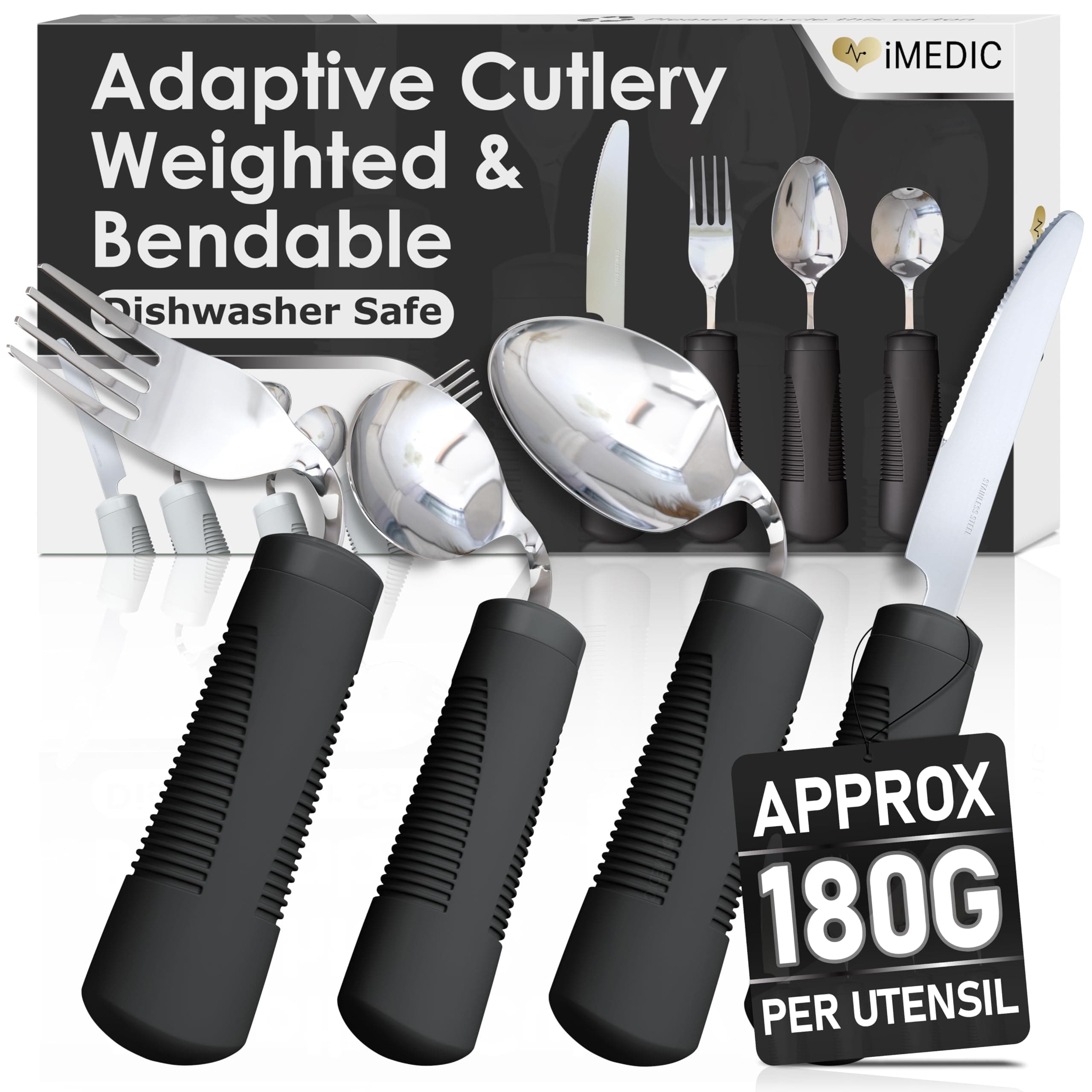 iMedic Weighted Bendable Cutlery for Disabled Hands (The Knife Does Not Bend) - Disabled Cutlery for Adults Suffering from Parkinson's and Tremors - 1 Set Black