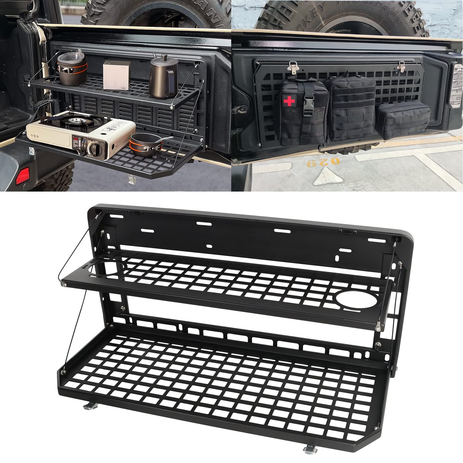 Tailgate Table Rear Foldable Cargo Shelf Aluminum Alloy Storage Shelf MOLLE Panel for Jeep Wrangler JK JKU JL JLU