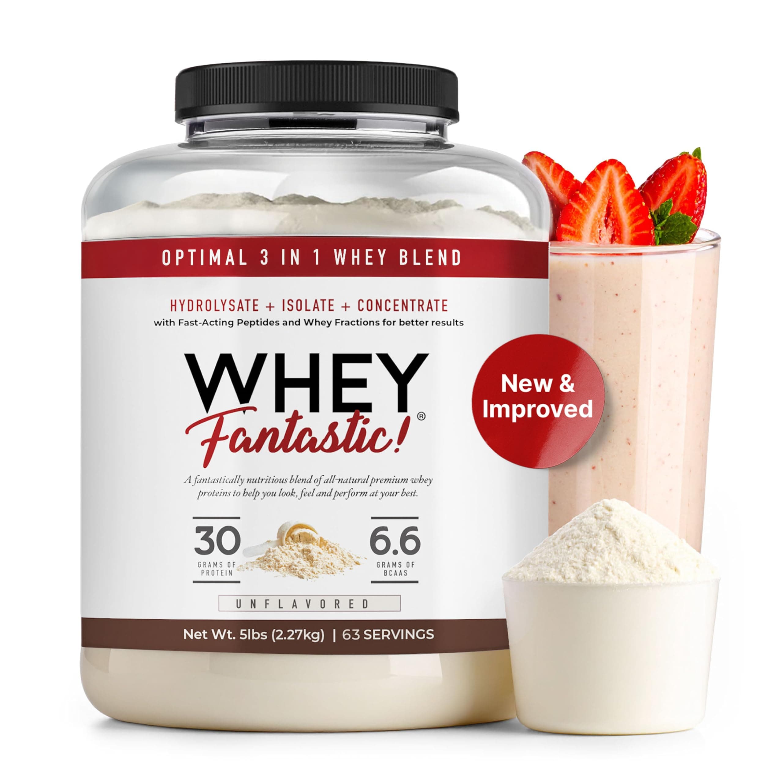 Whey 5LB 100% Pure Grass Fed Whey Protein - Unflavored Bulk - Optimum Blend of Undenatured Whey Isolate, Concentrate & Hydrolysate - Non-GMO, Soy & Gluten Free - 75 Servings
