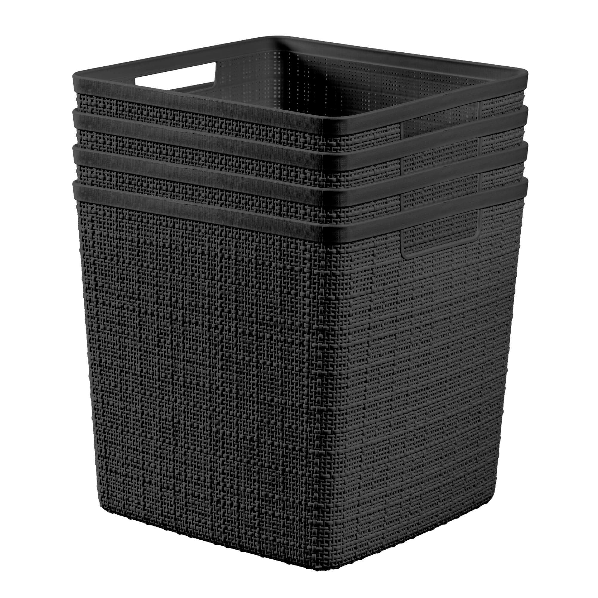 Curver Set of 4 Large Cube 17L Jute Decorative Plastic Organization and Storage Baskets - Perfect Bins for Home Office, Closet Shelves, Kitchen Pantry and All Bedroom Essentials, Black