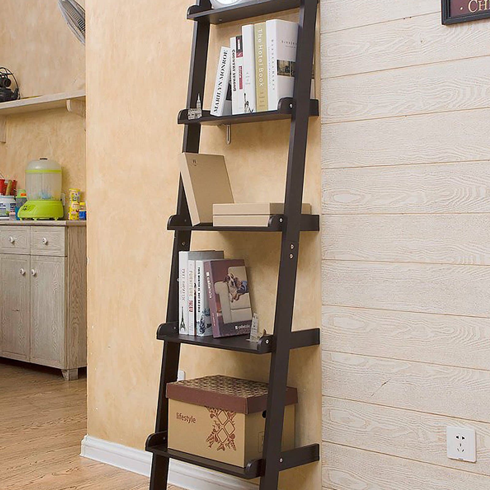 5 Tier Ladder Wall Shelf Storage Display Unit Book Case Storage Black