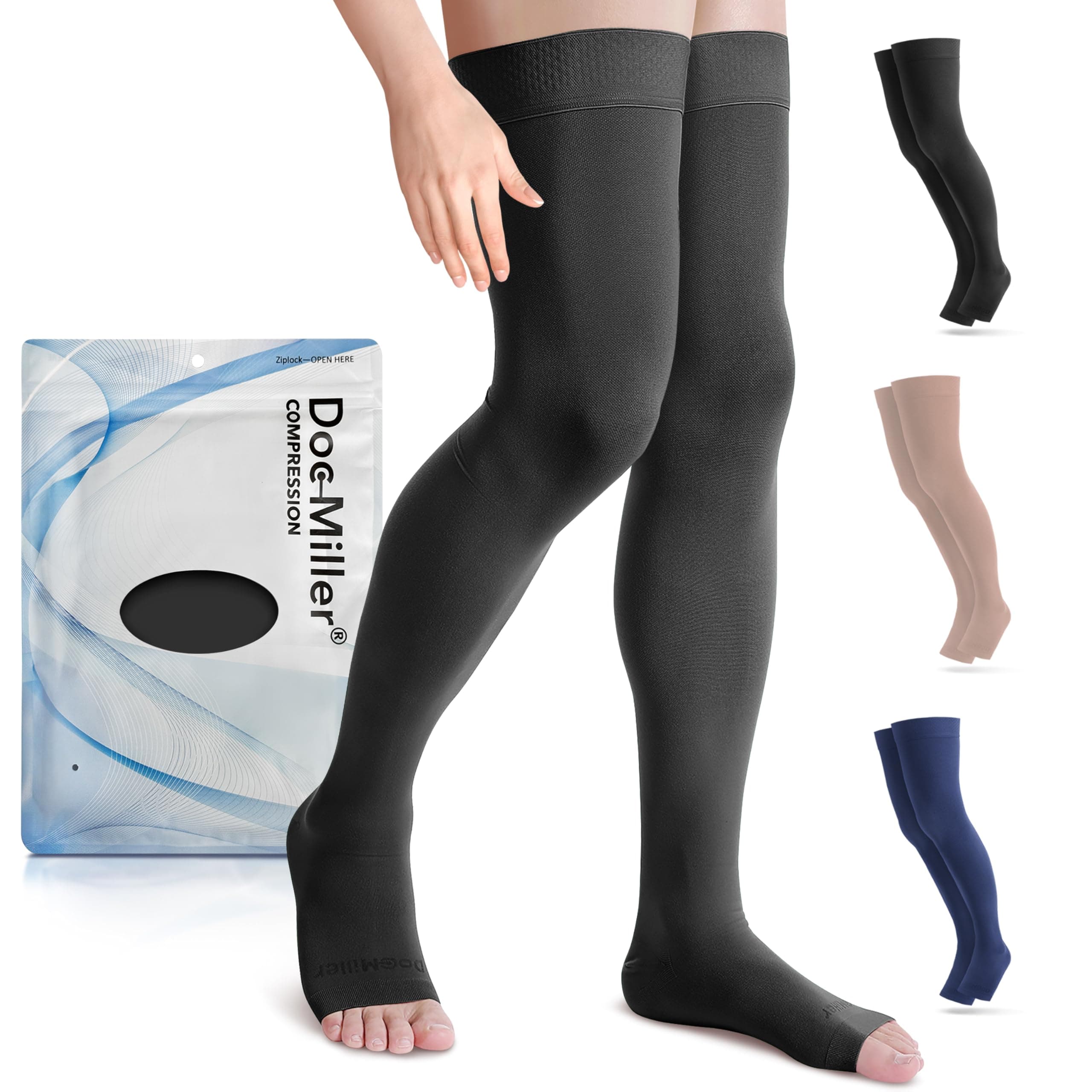 Doc Miller Thigh High Open Toe Compression Stockings 15-20mmHg for Varicose Veins, Pregnancy Support Open Toe Thigh High Compression Socks for Women and Men