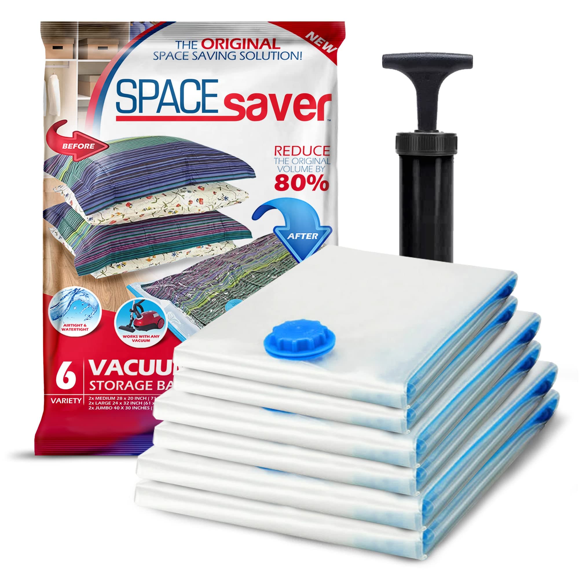 Spacesaver| Vacuum Storage Bags Save 80% on Clothes Storage Space - Vacuum Sealer Bags - Compression Seal for Closet Storage - Pump for Travel (2 Medium, 2 Large, 2 Jumbo)