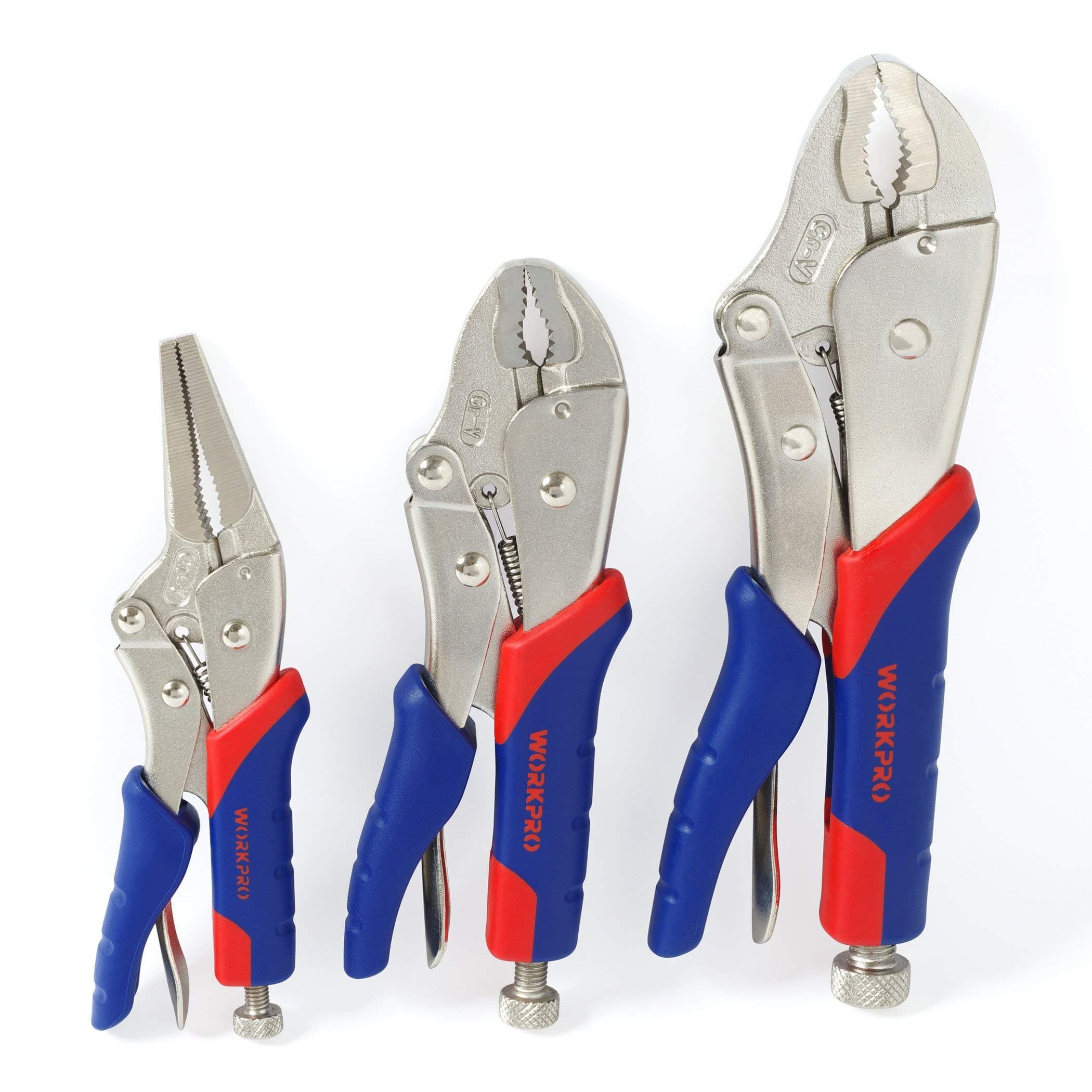 WORKPRO Locking Pliers Set, CR-V Steel Mole Grips, Quick-Release & Self-Locking with Soft Grip, 250 cm & 180 cm Curved Jaw, 165 cm Straight Jaw, 3-Piece