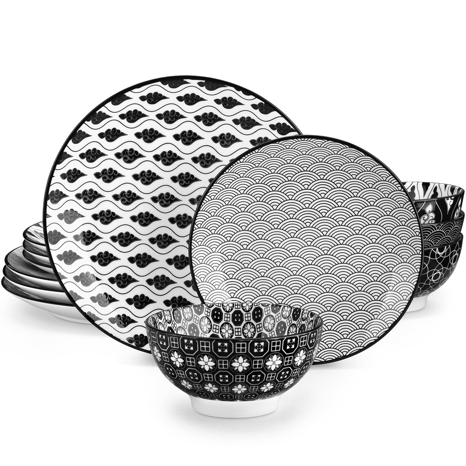 vancassoHaruka 12 Pieces Plates and Bowls Set, Ceramic Dinnerware Sets for 4, Black and White Porcelain Dishes Set
