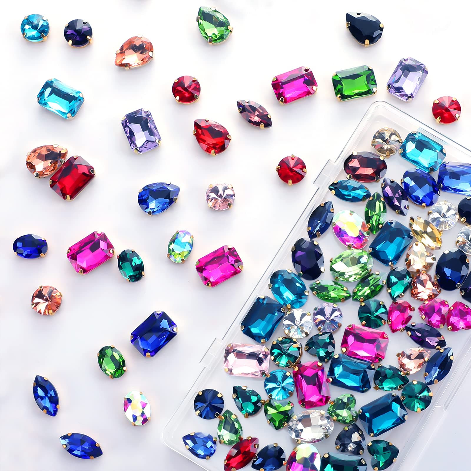 60 Pieces Sew on Rhinestones Mixed Shape Flat Back Sew on Glass Crystals Multicolors Glass Rhinestone Gems Mix Sizes Rhinestone Beads for Craft, Clothing, Garments, Dress, Earrings