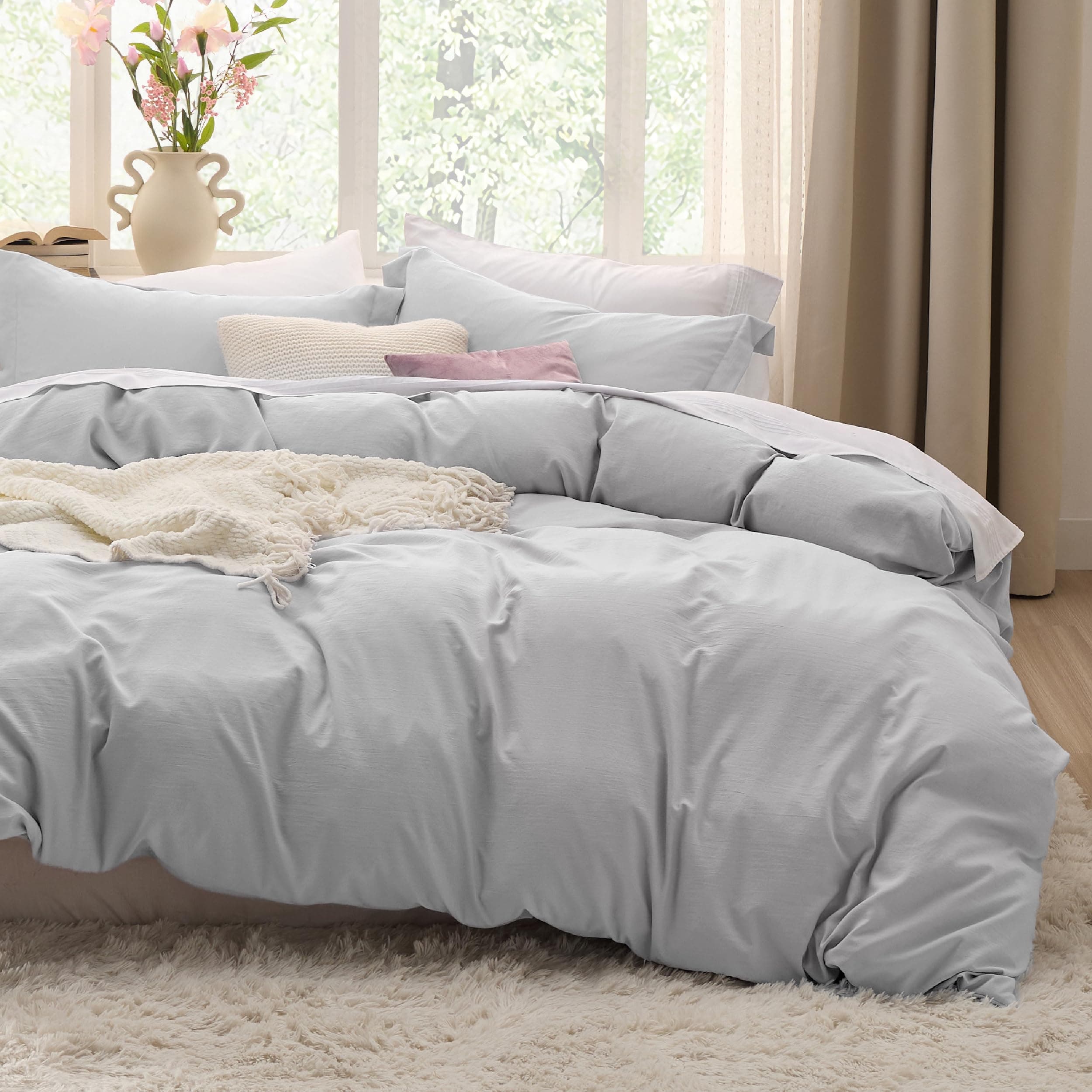 Light Grey Duvet Cover Full Size - 3 Pieces Prewashed Extra Soft Cotton-Like Polyester Bedding Set, Includes 1 Duvet Cover 80x90 Inches with Zipper Closure & 2 Pillow Shams, No Comforter