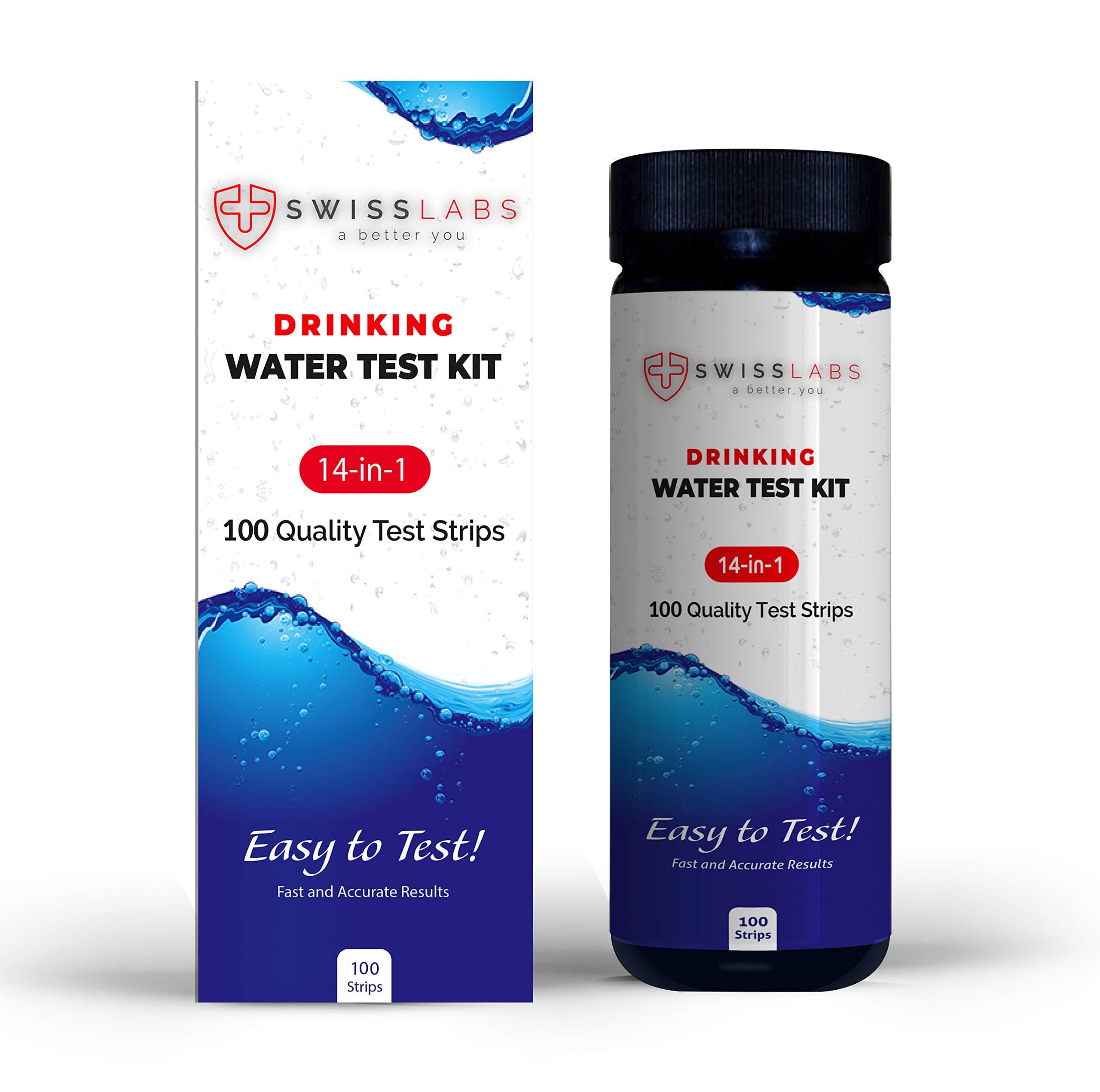 Swiss Labs 14 in 1 Drinking Water Test Kit, 100 Strips For Easy Home Testing With Accurate Results, Improved Low Detection Range For Lead, Fluoride, Mercury, Iron, Copper & More