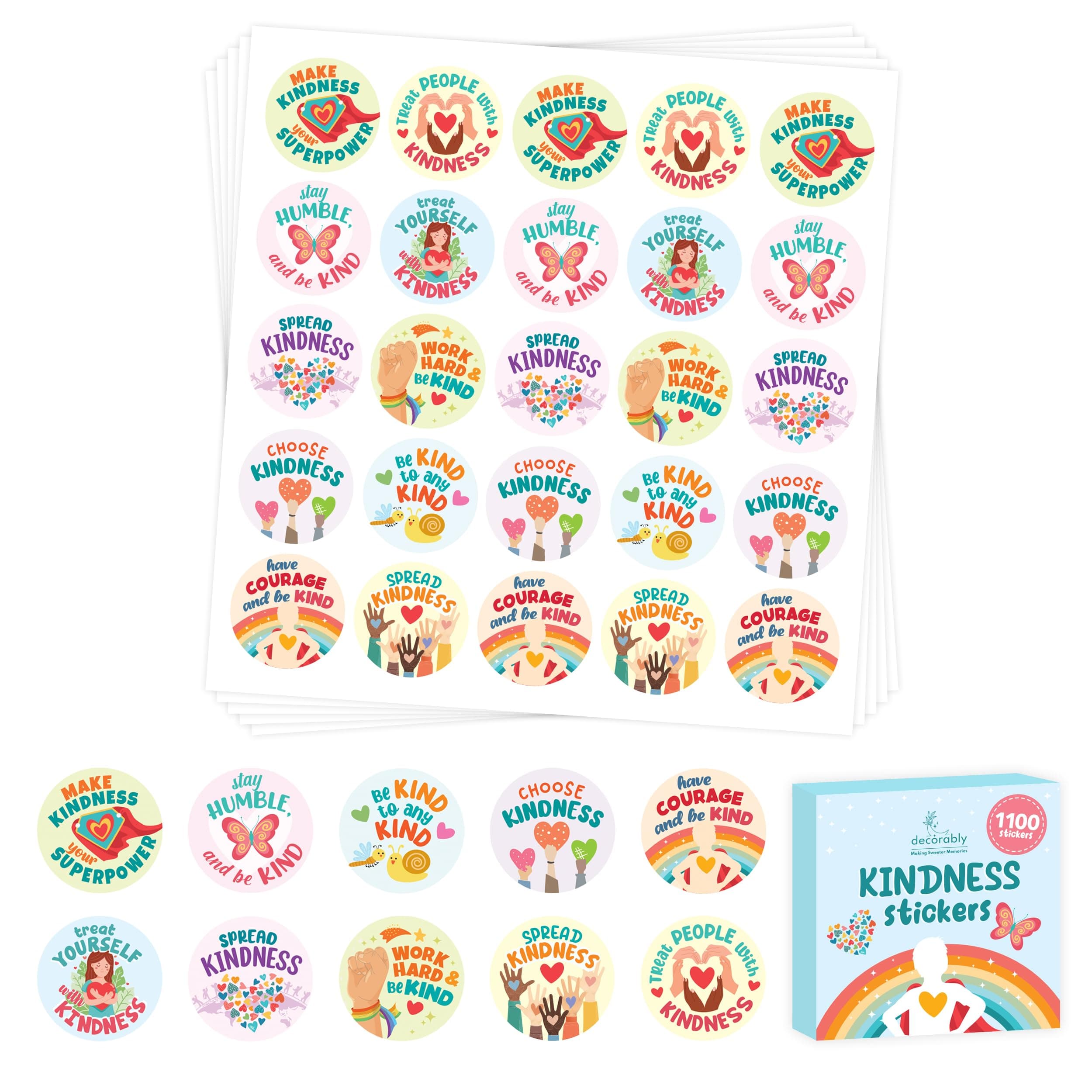 Decorably 1100 Kindness Stickers for Kids Bulk - 44 Sheets with 10 Colorful Designs for Classroom Activities, Positive Reinforcement, Arts & Crafts, Scrapbooking, Gift