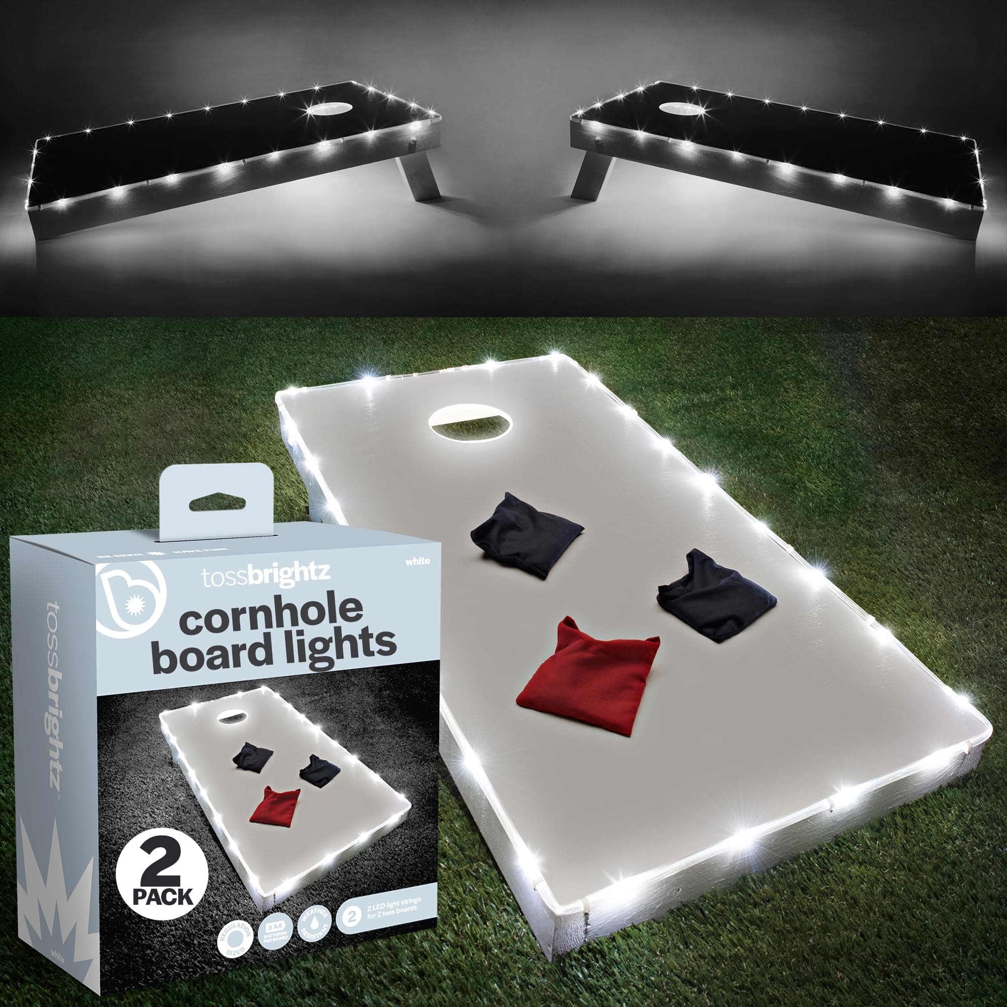 Brightz TossBrightz LED Cornhole Lights for Board and Hole - Includes Lights for 2 Boards - Lights Up Cornhole Board Edge and Hole - Keep The Game Going After Dark