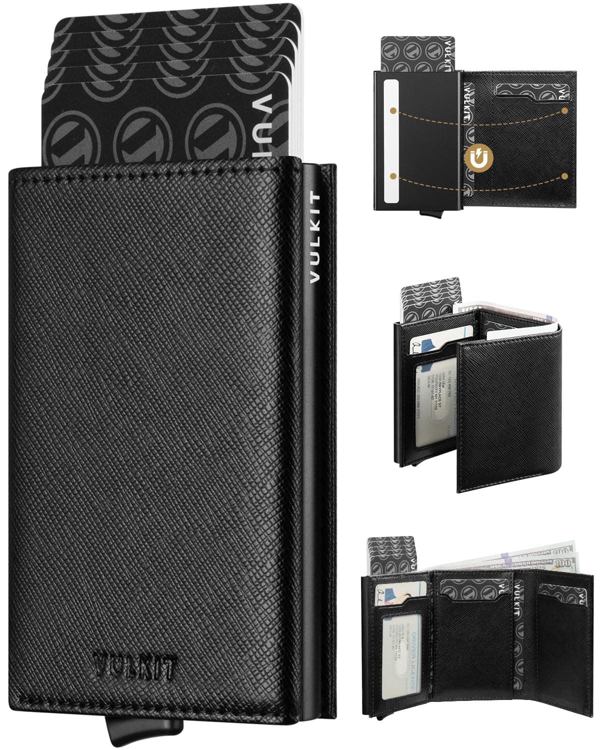 VULKIT Credit Card Holder with Banknote Compartment RFID Blocking Pop up Leather Card Wallet with ID Window(Cross Black)