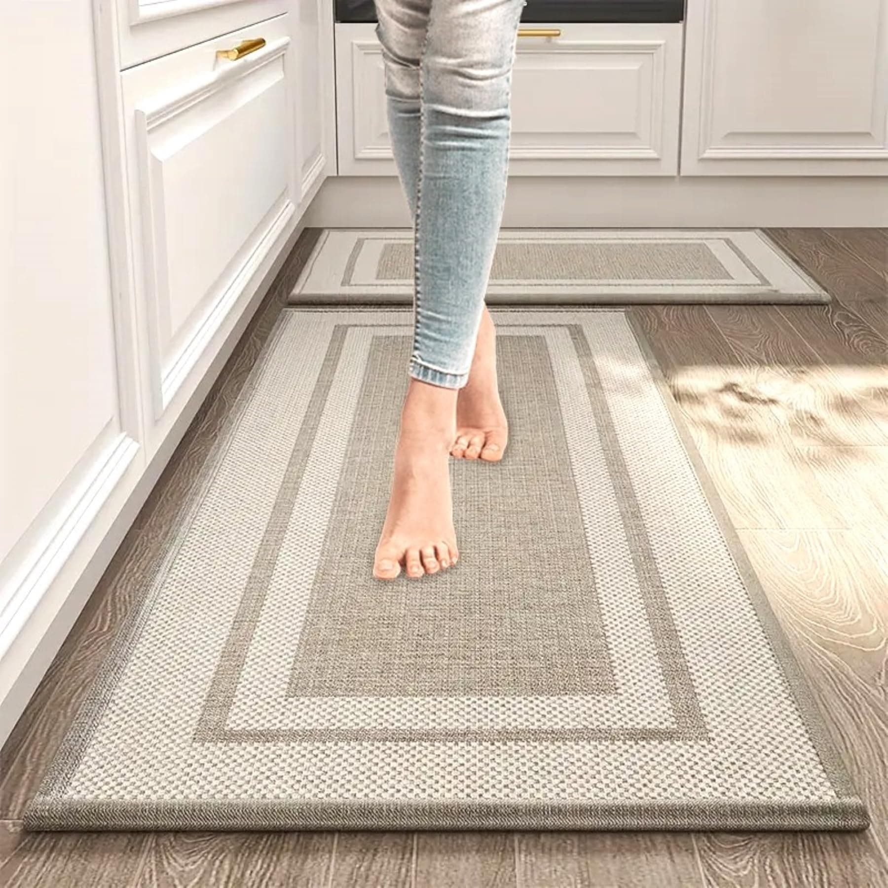 Kitchen Rugs and Mats, 2 PCS Set Modern, Durable & Contemporary Style Kitchen Rug, Anti-Skidding Rubber Grip Mat, Washable, Oil & Water Resistant Kitchen Mat, Easy to Clean, Size 120X44+75X44CM-Finest