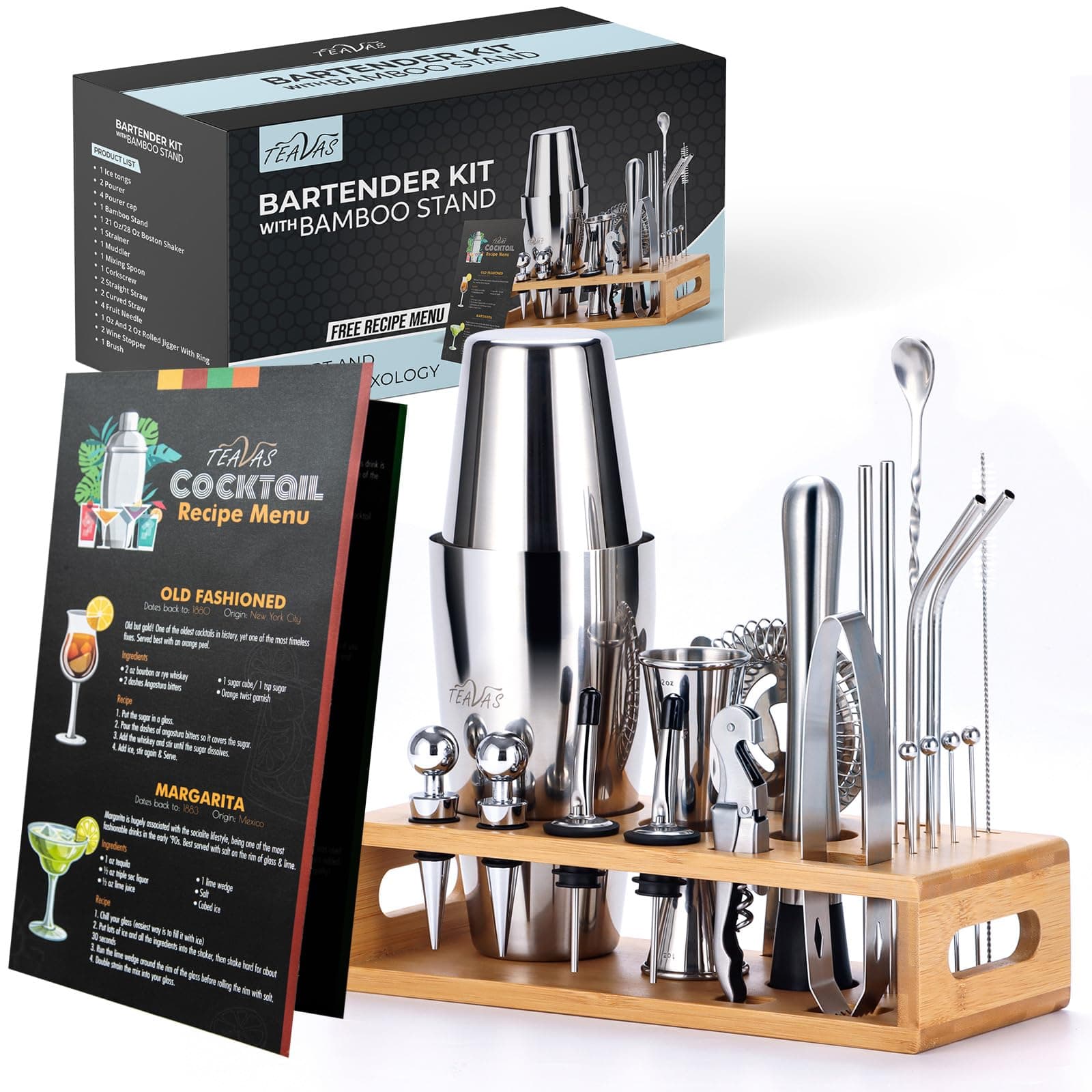 TEAVAS Mixology Bartender Kit with Bamboo Stand and Japanese Jigger | 25-Piece Bar Essentials Set Sturdy Stainless Steel Bar Tools | Boston Cocktail Shaker Set | Recipe Menu | Barware Present Gift…