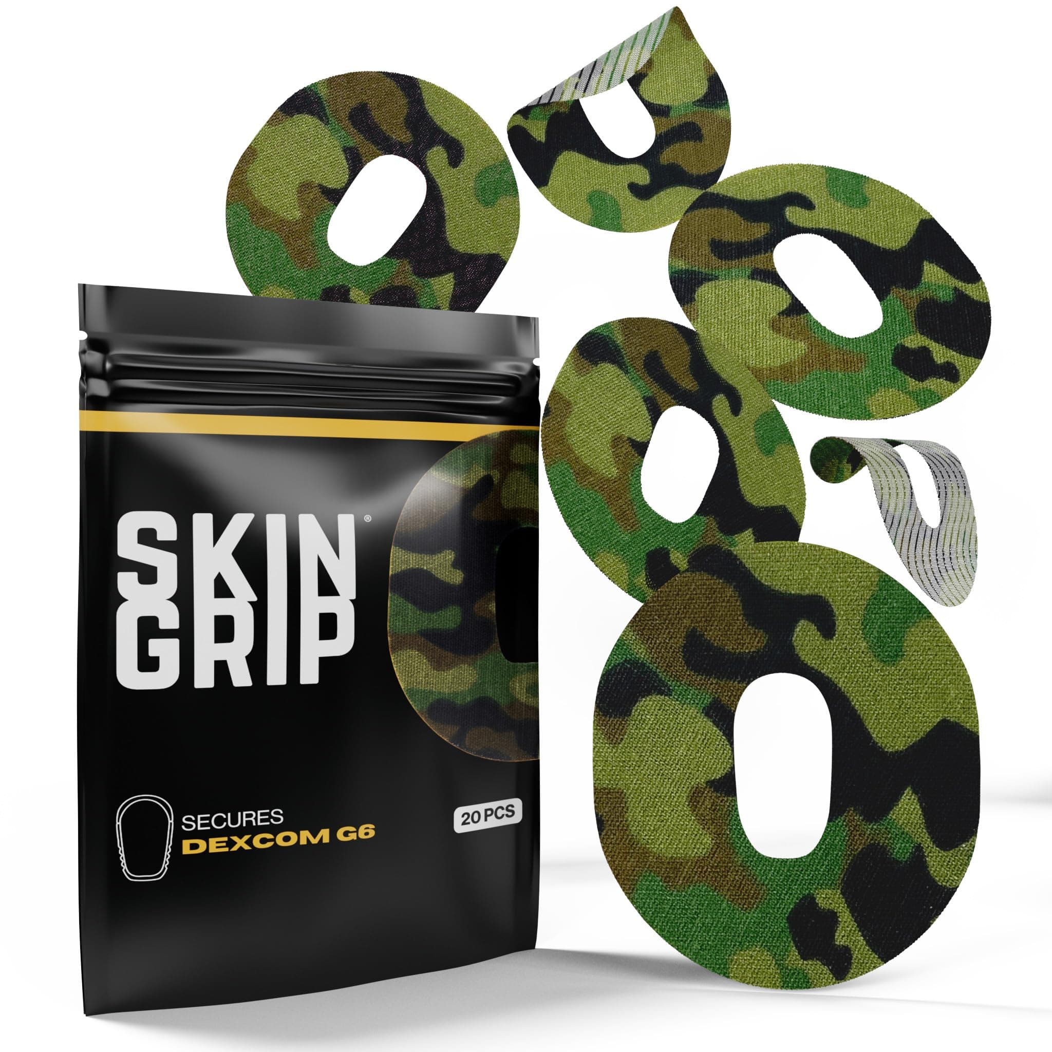 Skin Grip Adhesive Patches for Dexcom G6 CGM (20-Pack), Waterproof & Sweatproof for 10-14 Days, Pre-Cut Adhesive Tape, Continuous Glucose Monitor Protection(Camo)