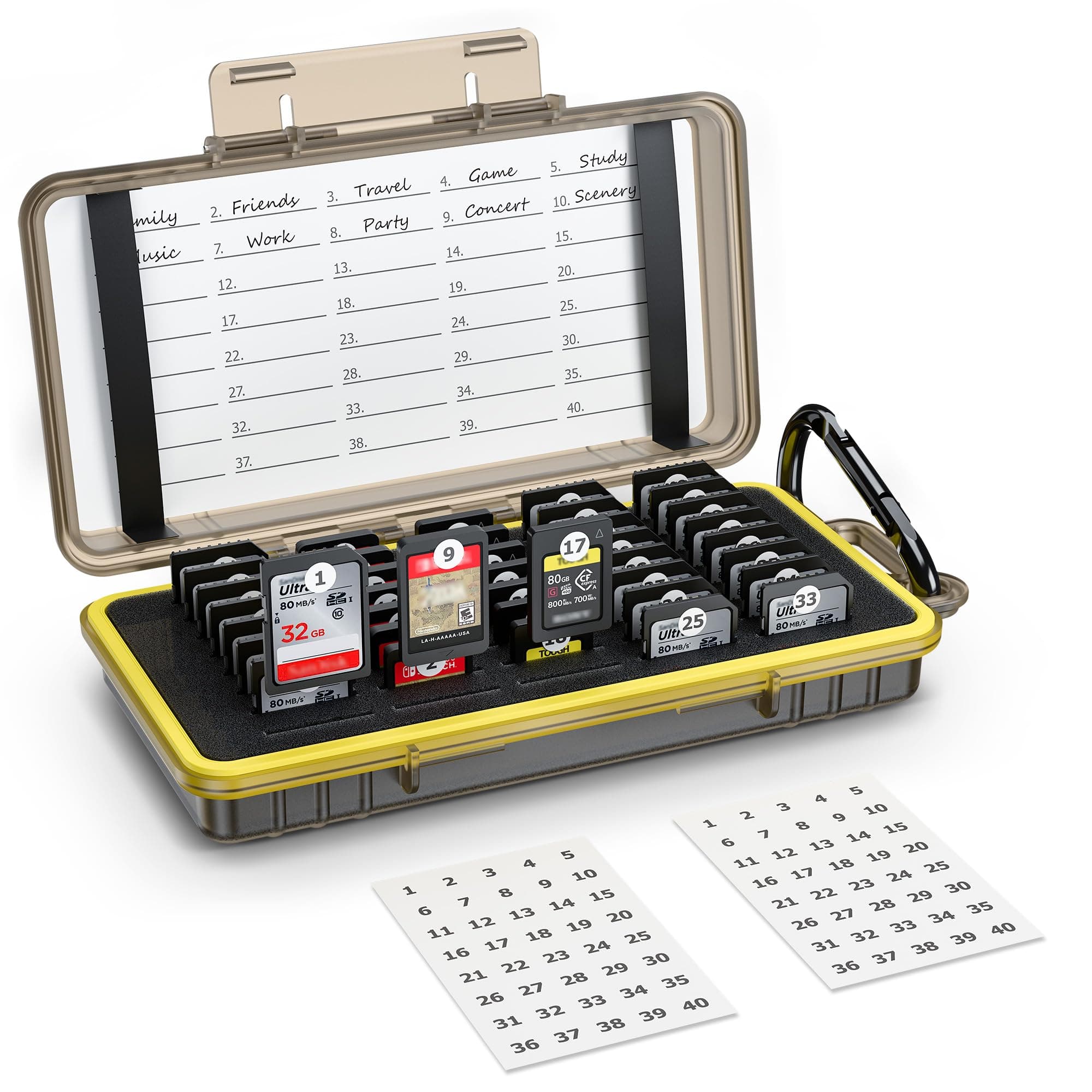 Kiorafoto Massive Polycarbonate 40 Slots Professional SD SDHC SDXC Card Case Holder Memory Card Storage Organizer Water-Resistant Anti-Shock Protector with Carabiner & 2 Notepaper