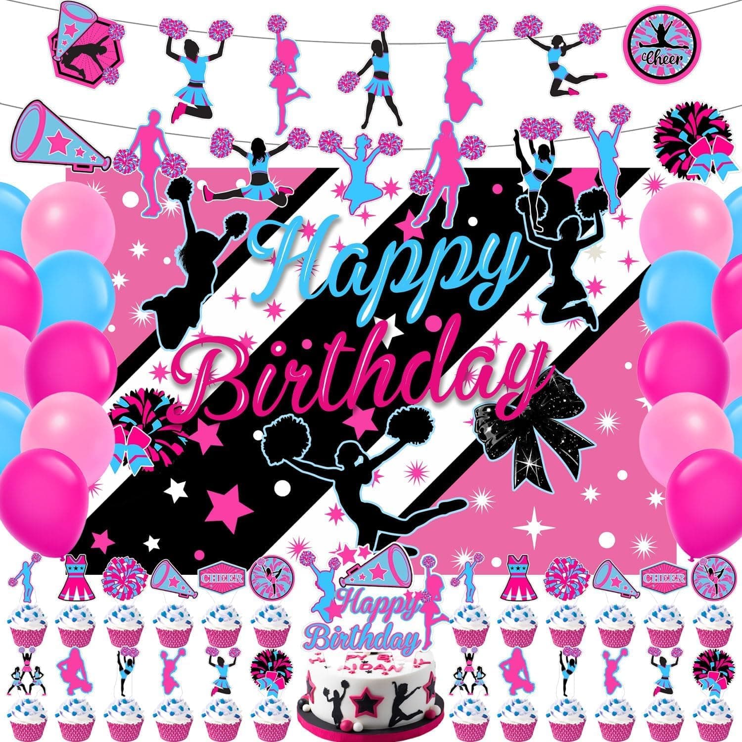 Birthday Party Decorations, Happy Birthday Decorations Include Banner, Backdrop, Balloons, Cake Toppers, Cupcake Toppers for Party Supplies