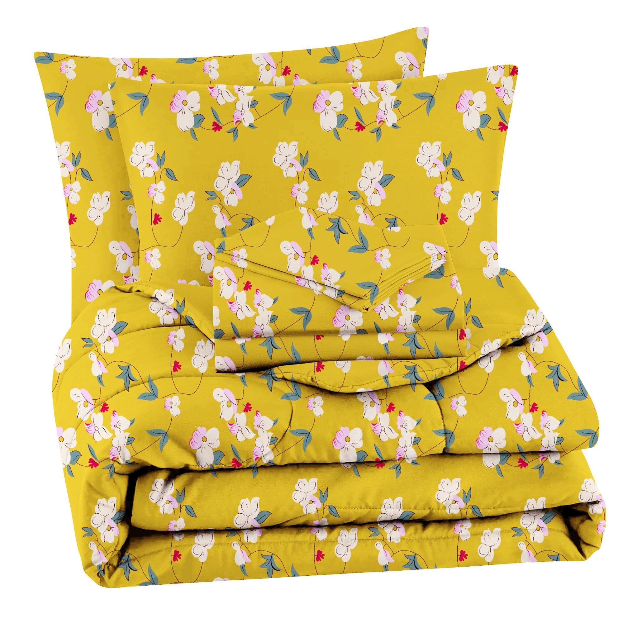 BSB HOME Microfiber 220 GSM Glace Cotton AC Comforter Set King Size Double Bed with 1 Flat bedsheet-90x100 inch and Two Pillow Covers II 4 pc Bedding Set- Floral Yellow and Green
