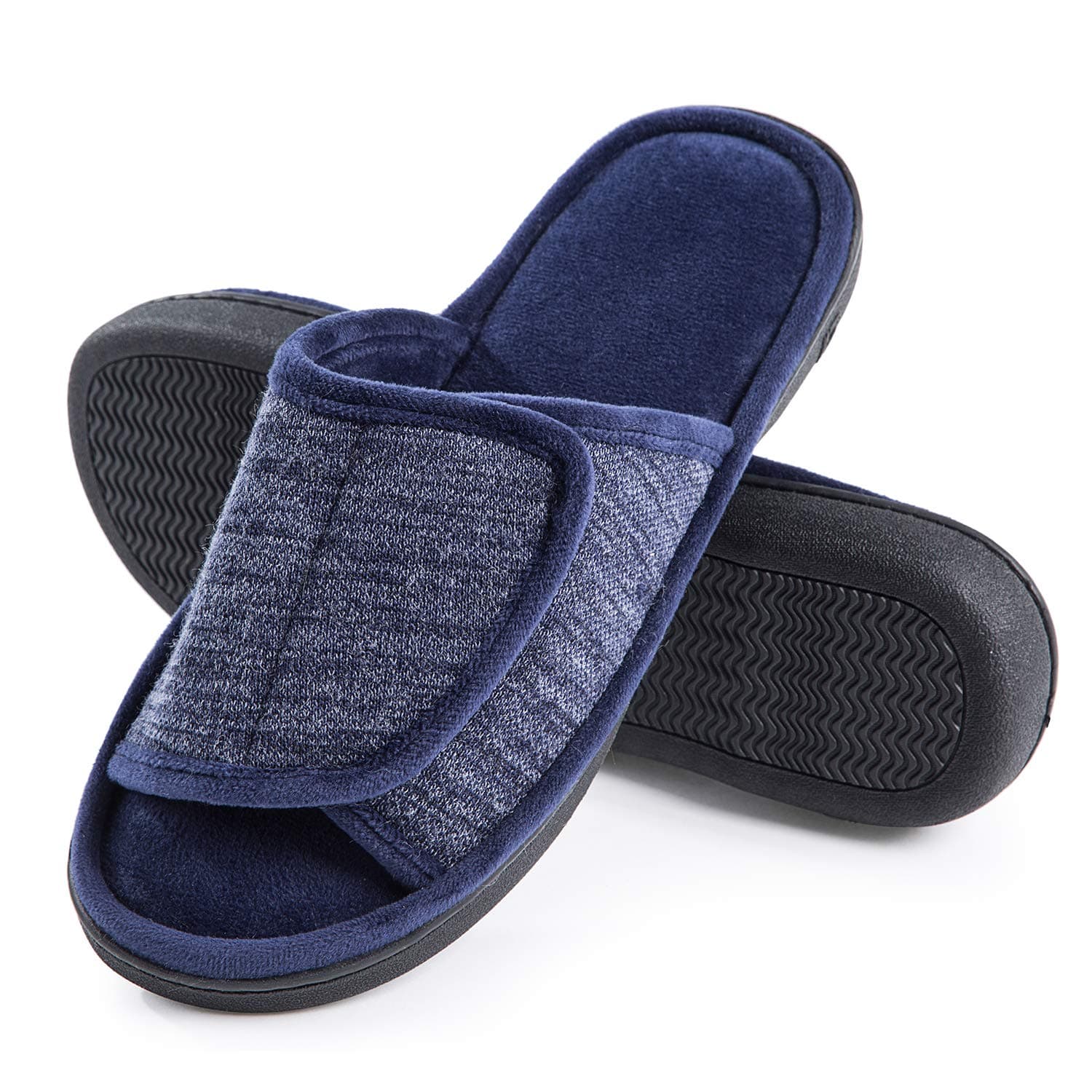DL Adjustable Mens Slippers Memory Foam, Open Toe House Slippers for Men Indoor Outdoor, Breathable Slide Bedroom Slippers for Men Anti-Slip Rubber Sole Black Gray Navy Brown