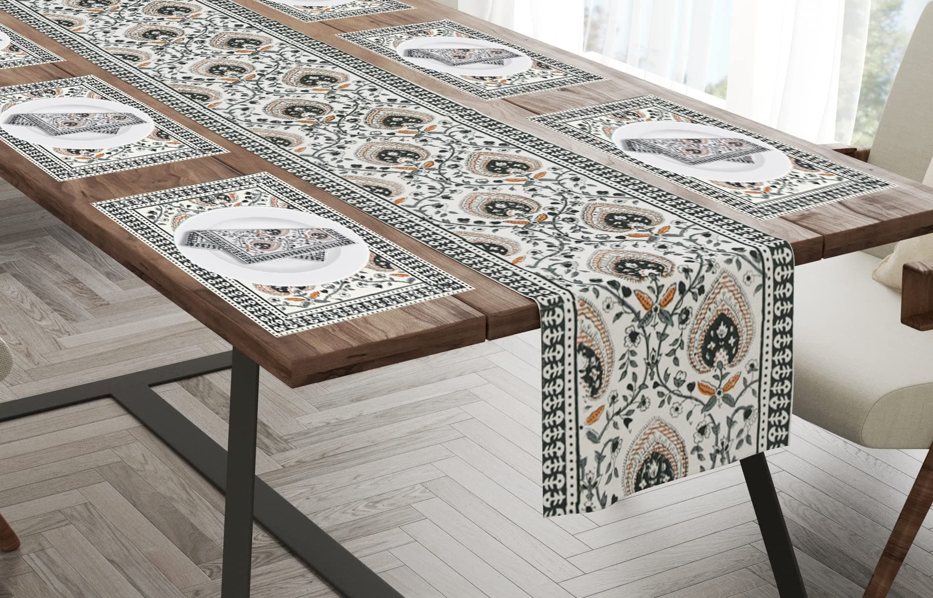 BLOCKS OF INDIA Hand Block Printed Cotton Table Runner, Mat and Napkin Set for Center/Dining Table (Brown Jaal)