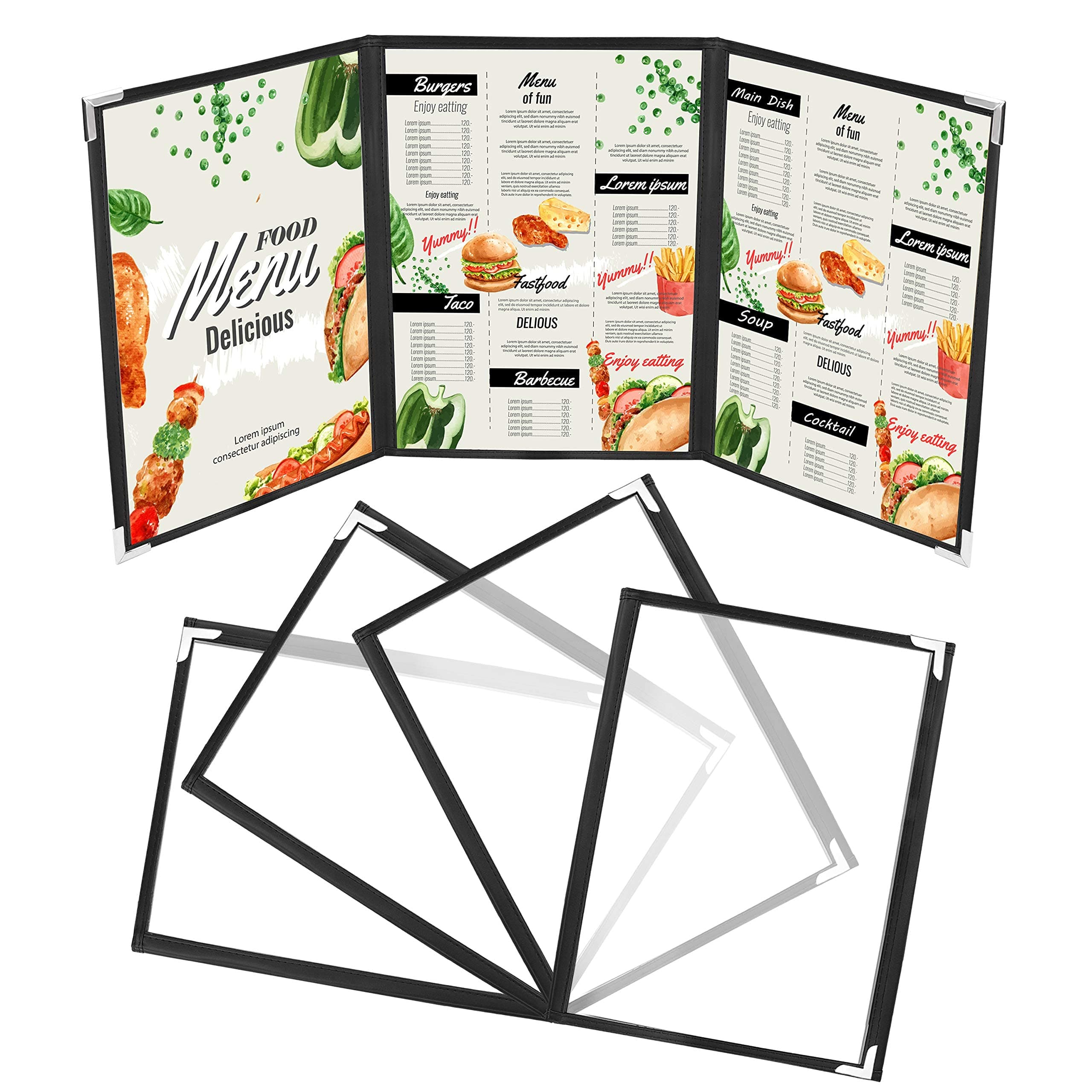 Kurtzy Triple Fold A4 Menu Covers (5 Pack) - 3 Fold Double View American Style Menu Holders - Black Trifold Clear Menu Covers with Corner Protectors - For Restaurants, Bars, Cafes, Food & Drink