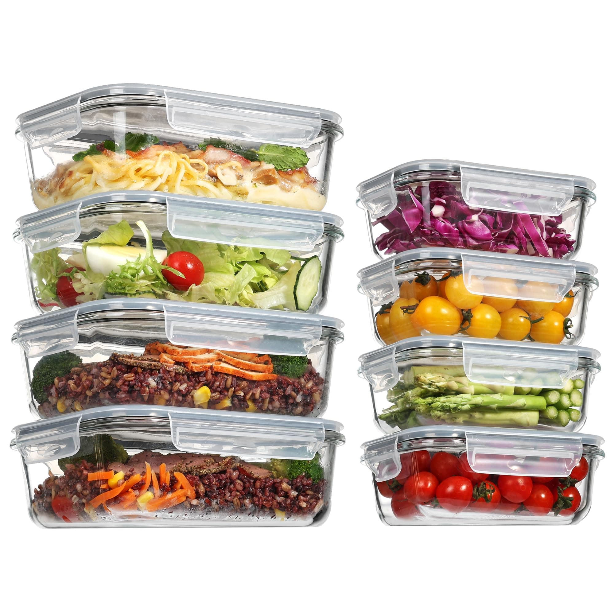 Vtopmart 8 Pack Glass Meal Prep Containers with Snap Lids (4 * 35.1oz+4 * 12.5oz), Kitchen Food Storage Containers for Microwave, Oven, Freezer and Dishwasher
