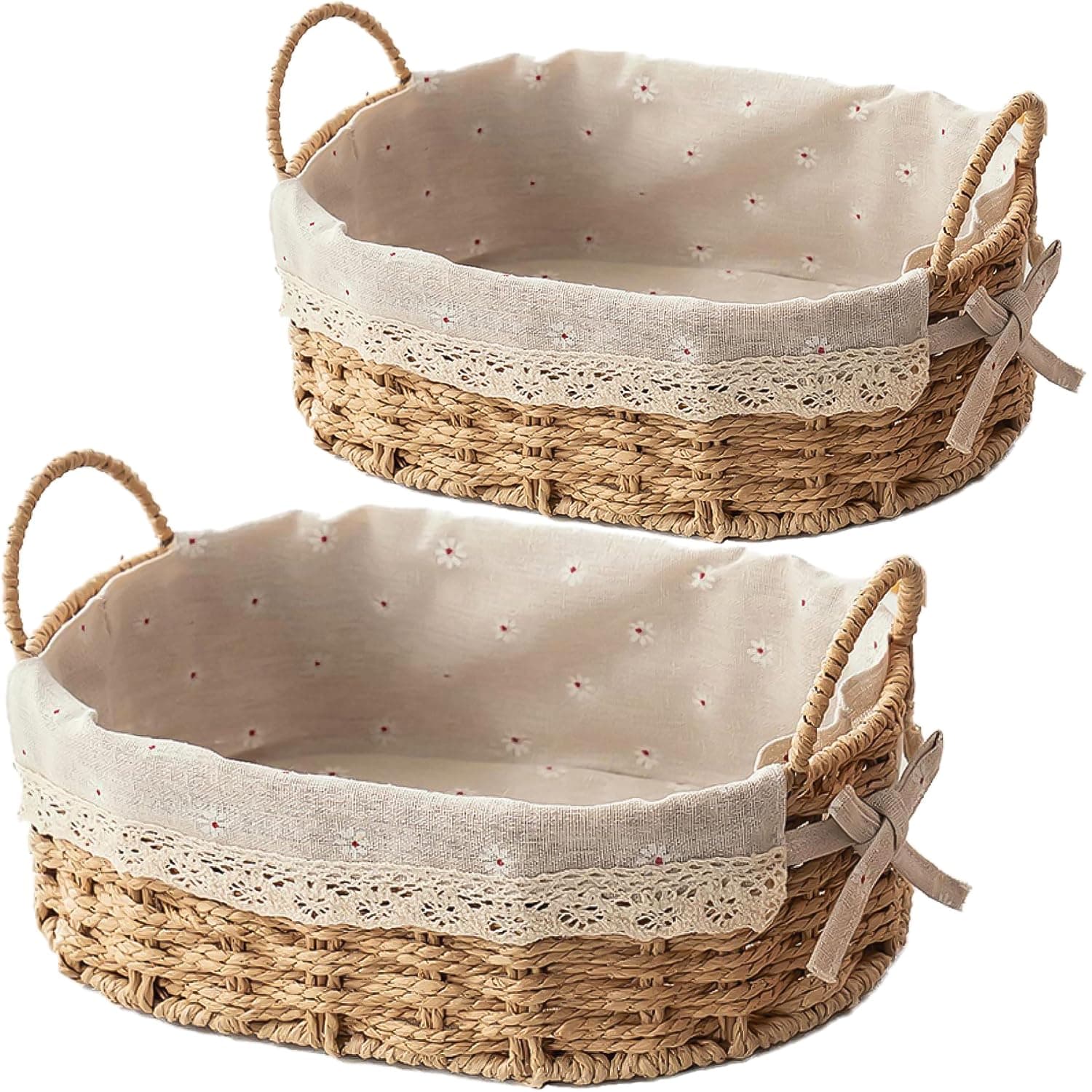 Westhood 2-Pack Oval Woven Home Storage Baskets with Washable Liner, Paper Rope Storage Baskets Straw Rattan Basket for Organizing with Handle, Cosmetic Storage Box (Oval)