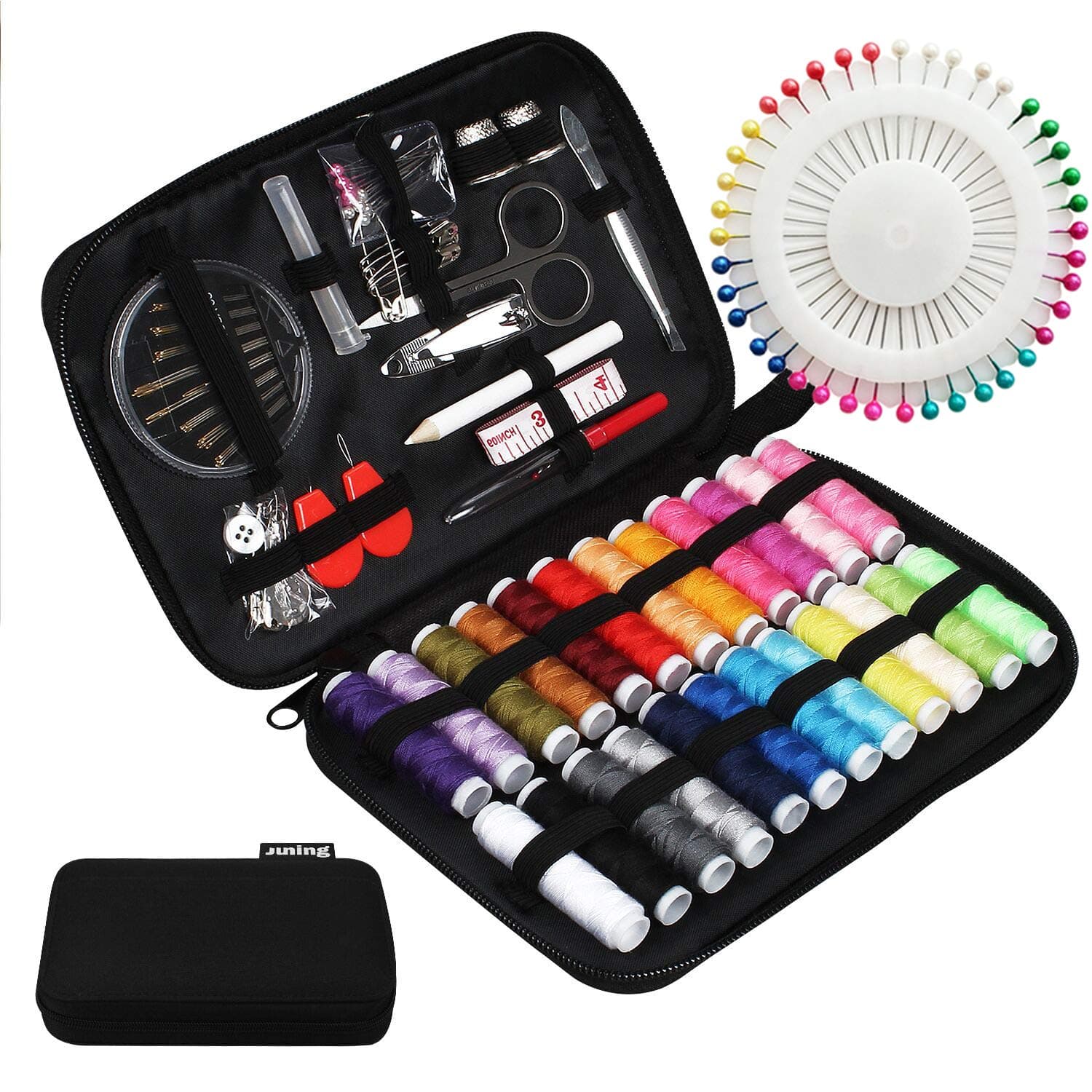 JUNING Sewing Kit with Case, 130 pcs Sewing Supplies for for Mom Grandma Women Men Home Travel and Emergency, Contains 24 Spools Threads, Sewing Needles, Scissors, Thimble, Measuring Tape and More