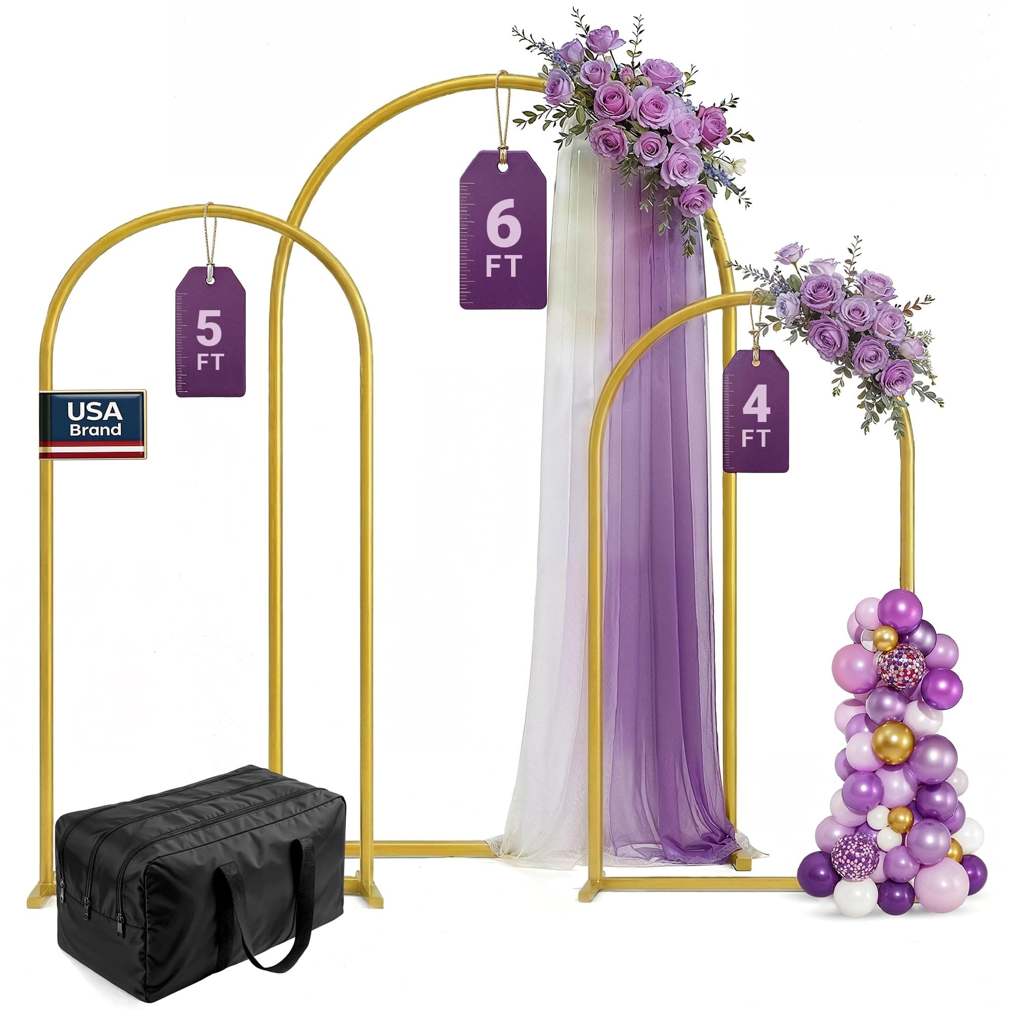 3 Pack Gold Metal Arch Backdrop Stand Set - 6FT, 5FT, 4FT Balloon Stand for Weddings Ceremony, Parties, and Baby Showers - Door Frame Backdrop Stand