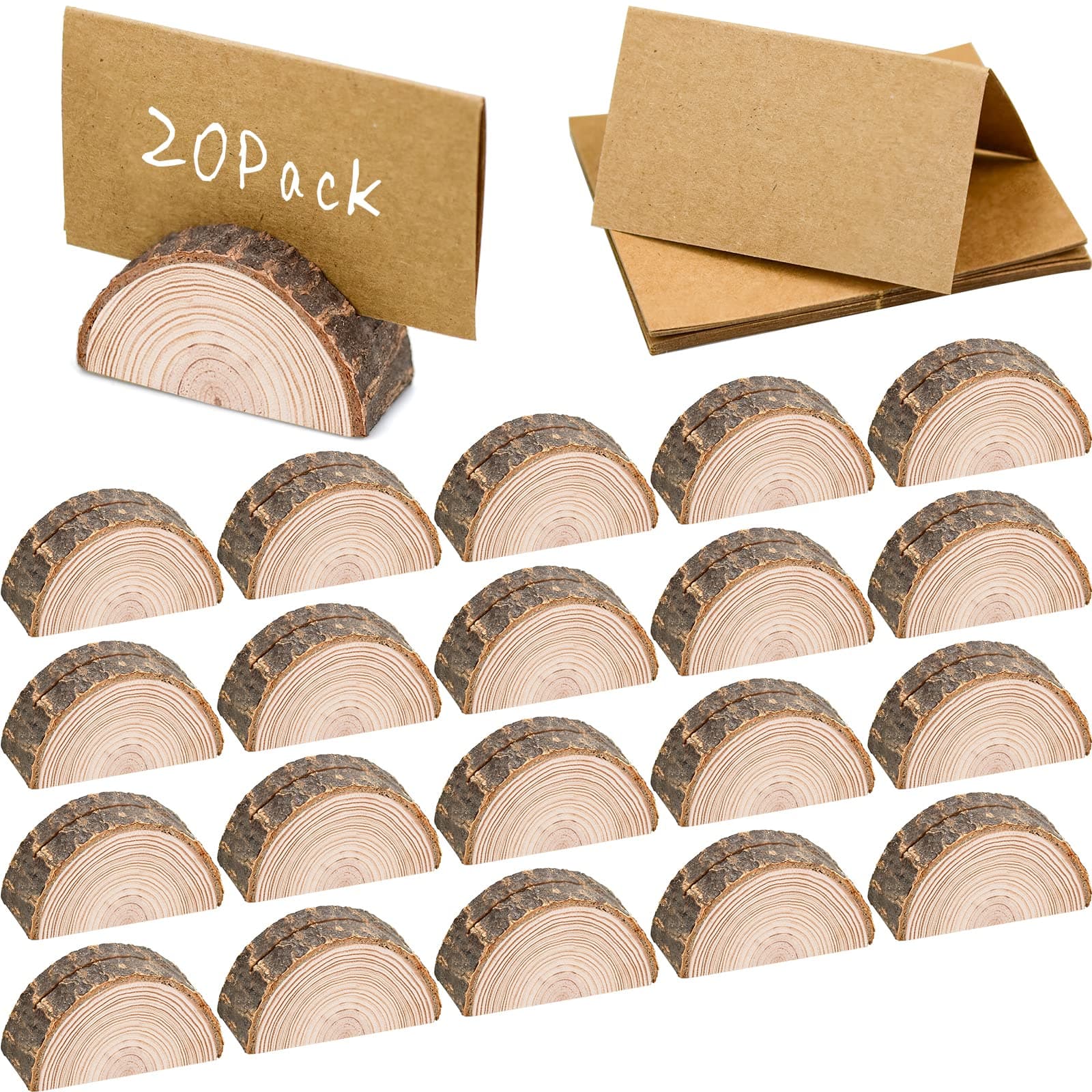 Nerissa 40PCS Place Card Holders Rustic Real Wood Base with Kraft Paper, Wood Name Card Holder Table Place Card Name Holders for Party Decoration Picture Memo Clip Note Photo Clip Holder
