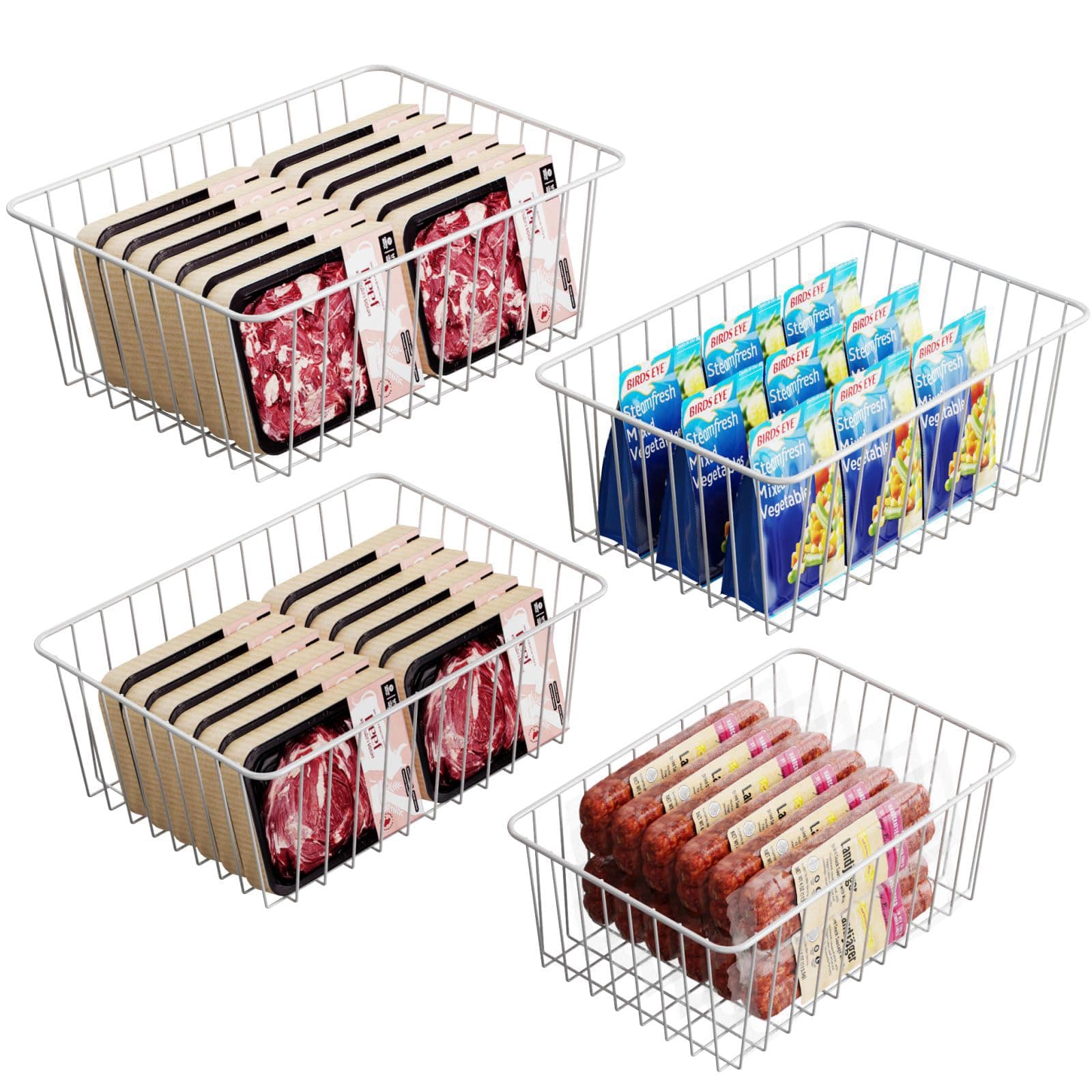 Freezer Organizer Bins - 4 Pack Upright Freezer Baskets for 17/21 Cu.Ft Stand Up Freezer, Wire Storage for Reach-In Freezer, Slide-Out Access, Prevents Items Falling, 2 Large 2 Medium, White
