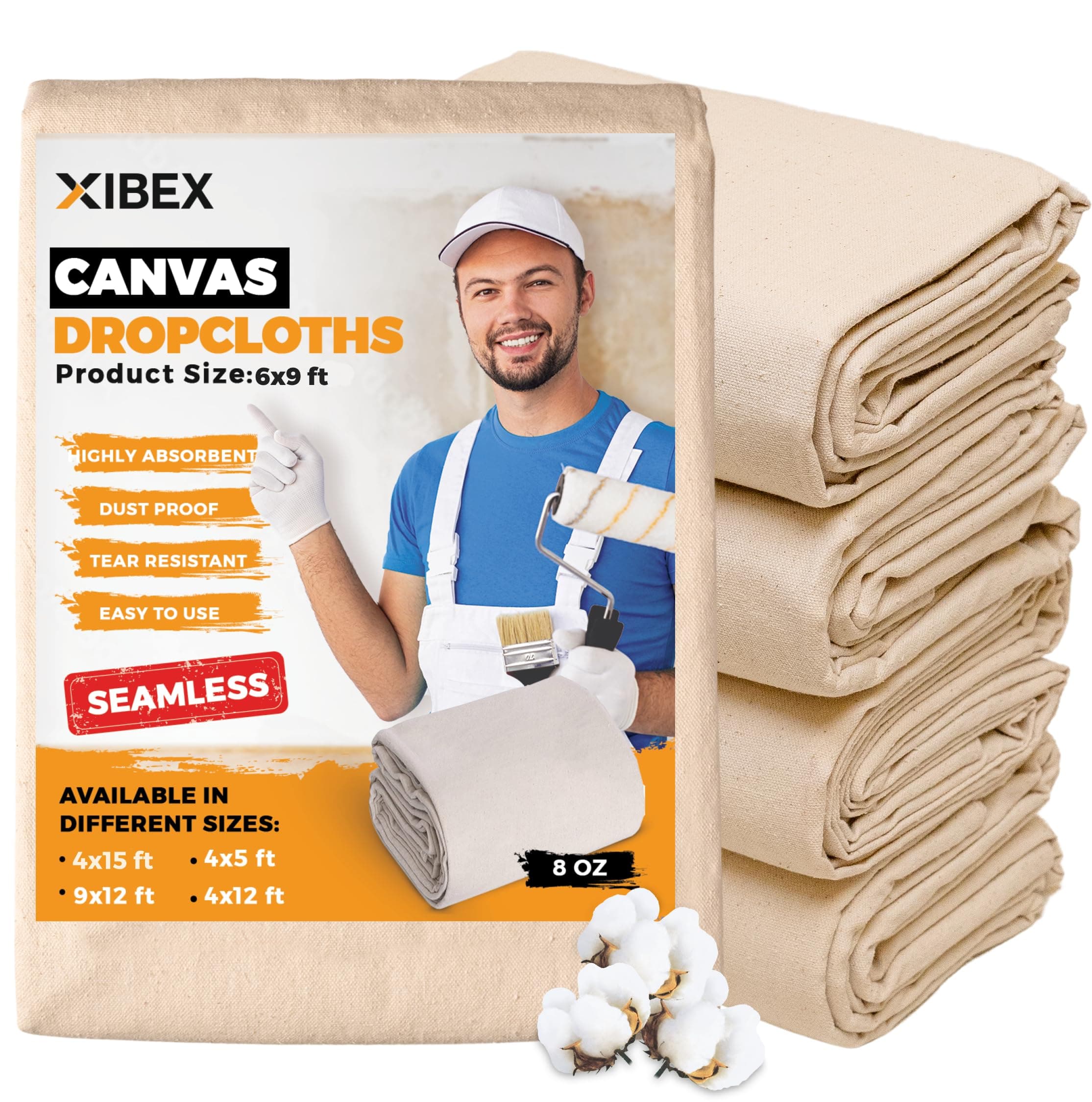 Canvas Drop Cloth for Painting (6x9 ft) with Thick Texture, Sturdy Multi-Purpose Painting Drop Cloth Canvas for Curtains, Furniture & Floor Protection, Pack of 4 Drop Cloths for Painting Canva