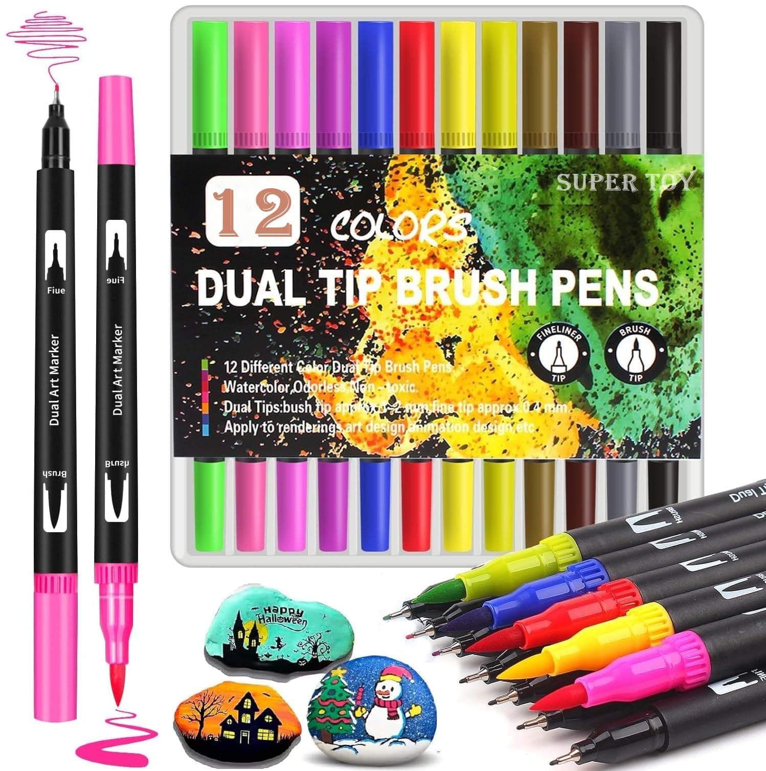 12 Dual Tip Brush Pens Felt Tip Art Markers Pen Set 12 Colors for Kids Adults Colouring Book Supplies Fineliner Tip Brush Marker for Drawing Sketching
