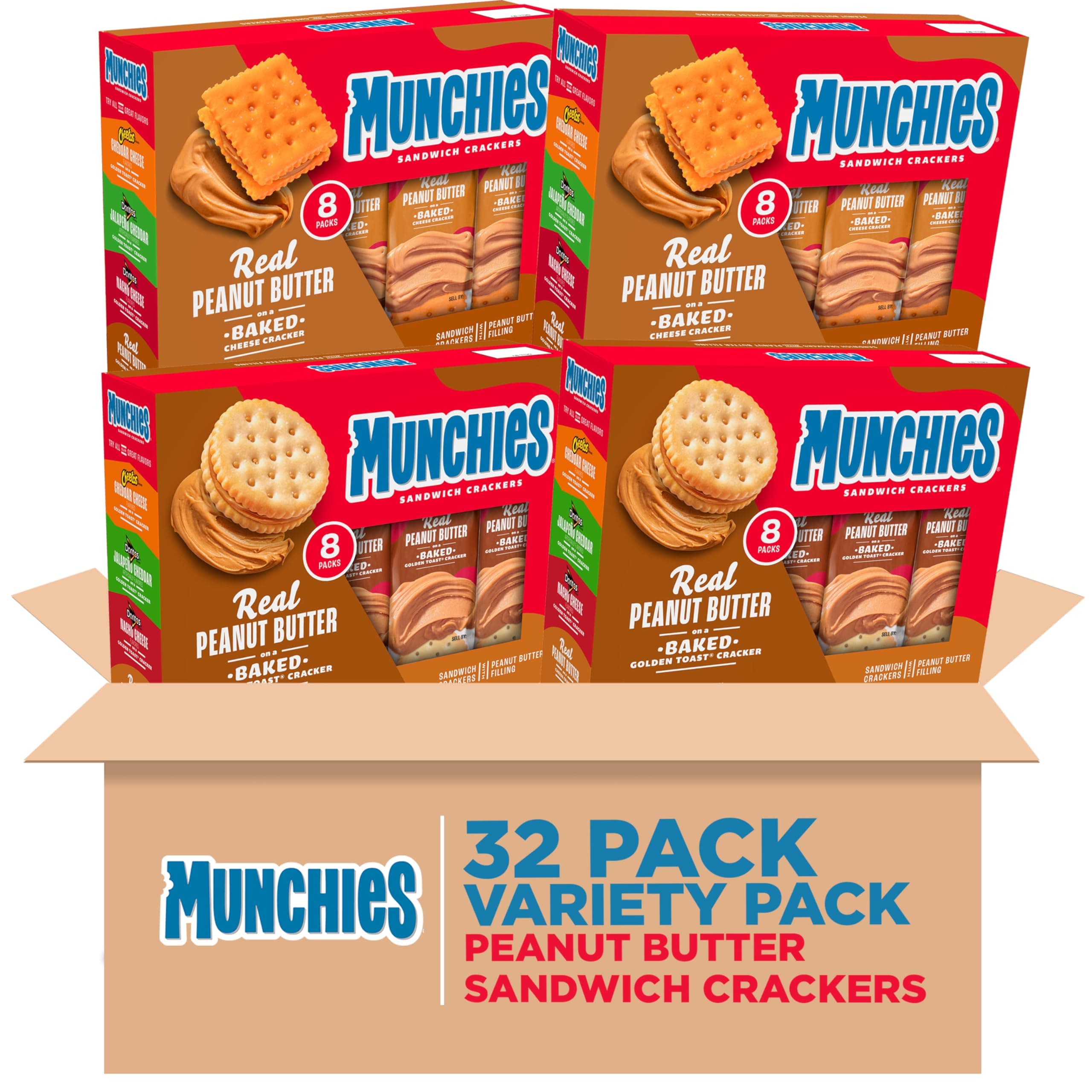 Munchies Sandwich Crackers, Assorted Peanut Butter Variety Pack (Pack of 4, 32 count)