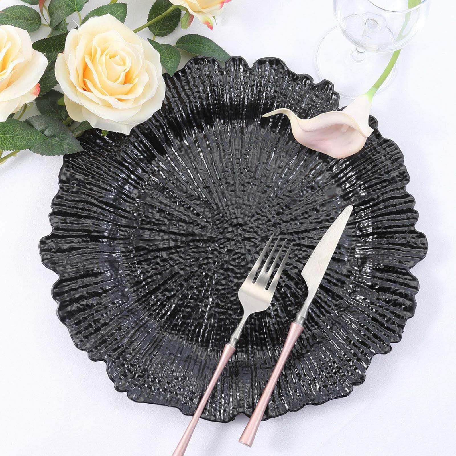 Efavormart 6 Pack 13" Round Black Plastic Reef Charger Plates Ruffled Rim Dinner Charger Plates For Weddings Events