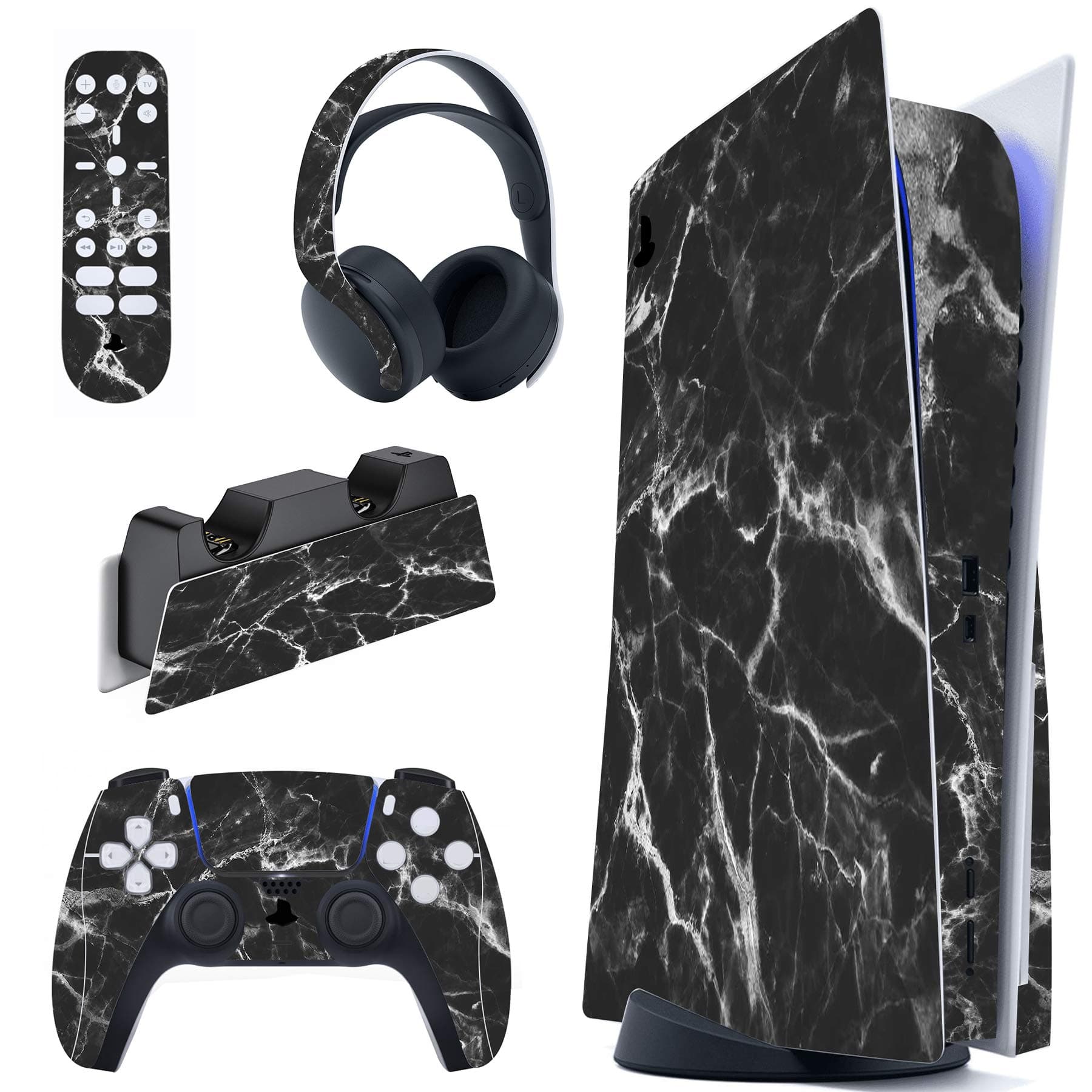PlayVital Black White Marble Effect Full Set Skin Decal for ps5 Console Disc Edition, Sticker Vinyl Decal for ps5 Controller & Charging Station & Headset & Media Remote
