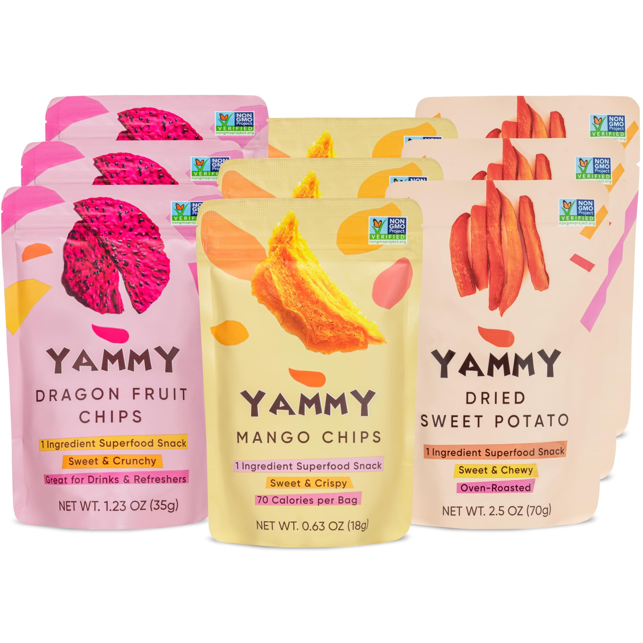 Yammy Dried Fruit Snack (Variety 9-Pack) - No Sugar Added 1 Ingredient Healthy Snacks for Adults & Kids - Sweet Potato Sticks, Freeze Dry Mango & Dragon Fruit Chips - Gluten Free Vegan Individual Packs