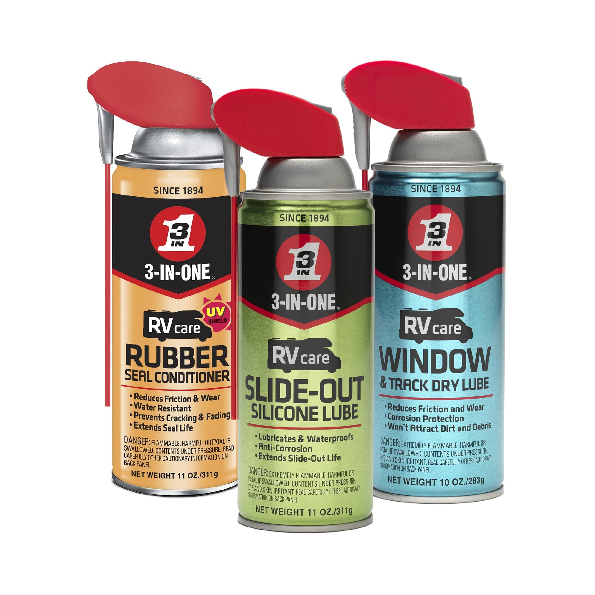RV Care Trio Pack Includes Slide Out Lube 11 oz, Window & Track Lube 10 oz and Rubber Seal Conditioner 11oz.
