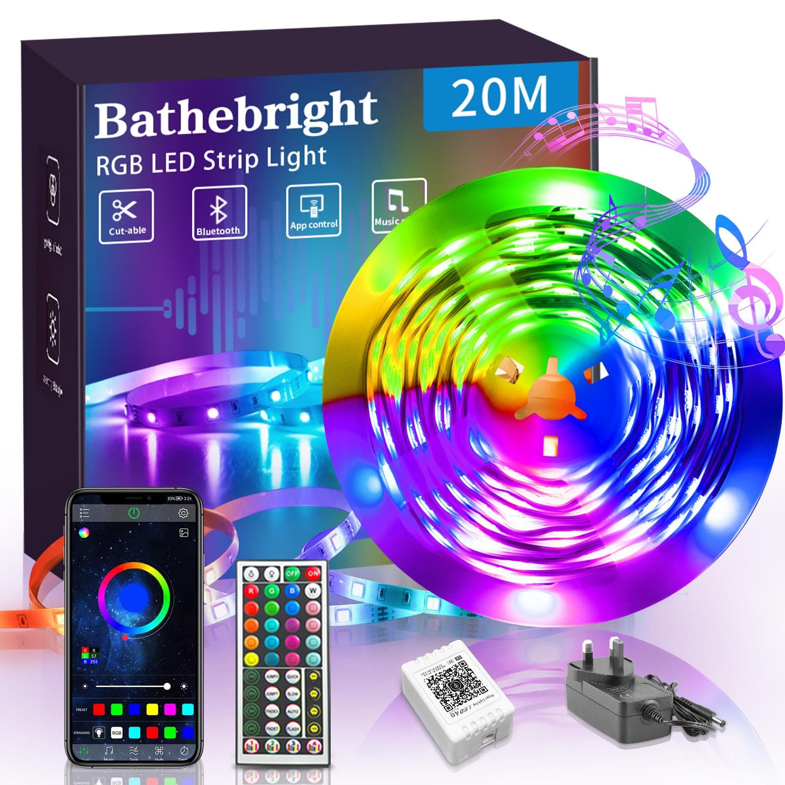 BATHEBRIGHT Led Strip Light 20M,Music Sync RGB Bluetooth Color Changing Flexible LED Light Strips,with Smart App Control Remote, Led Lights for Bedroom Room Lighting Flexible Home Decoration