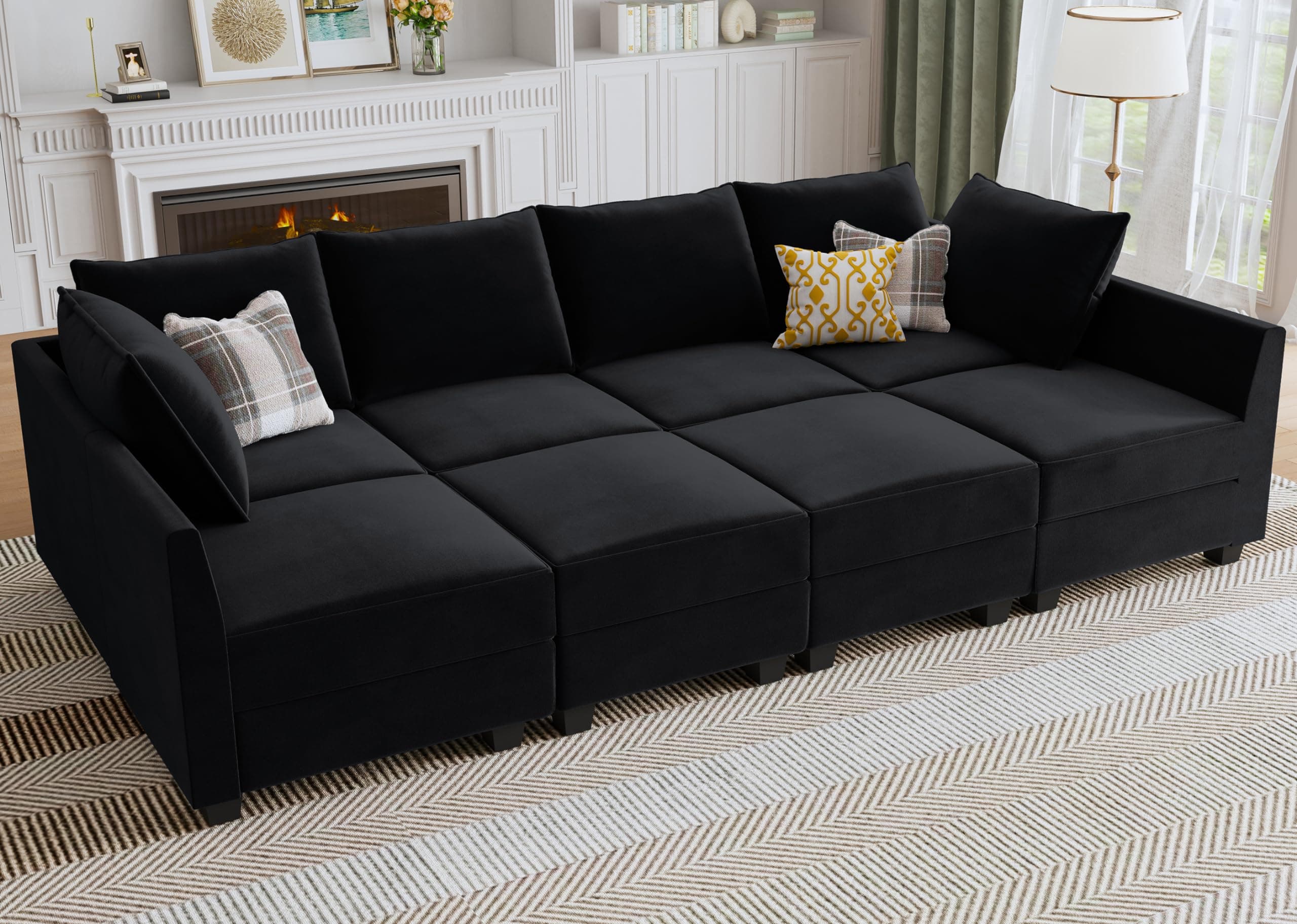 HONBAY Modular Sectional Sofa Velvet Sleeper Couch with Storage Seats Oversized Sectional Couches for Living Room,Black