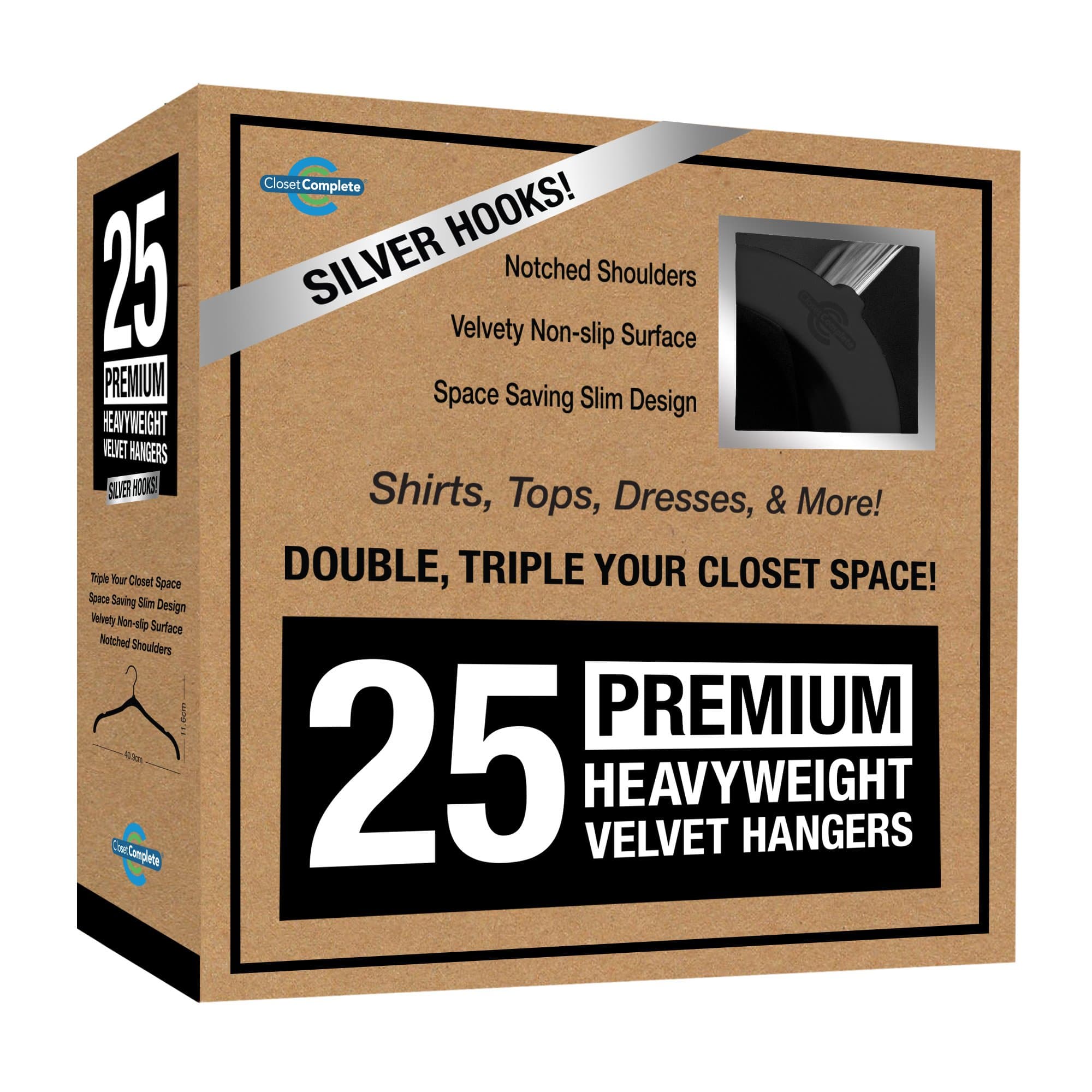 Closet Complete Premium Quality, True-Heavyweight, Virtually-UNBREAKABLE Velvet Hangers, Ultra-Thin, Space Saving, No Slip, Best for SHIRT, DRESS, LINGERIE, 360° SPIN, Chrome Hooks, Black, Set of 25