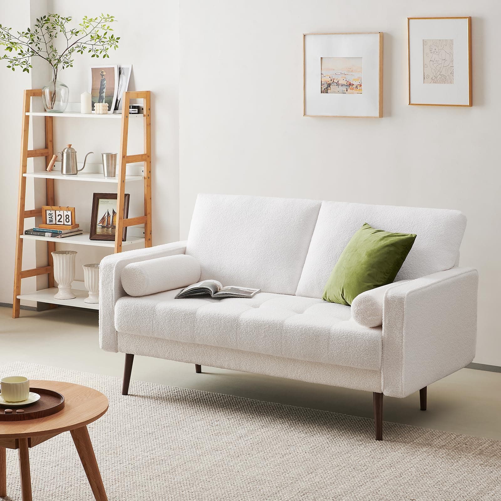 Vonanda 56" Loveseat Small Couch, Mid-Century 2 Seater Sofa Velvet Boucle Couch with Hand-Stitched Comfort Cushion and Bolster Pillows for Living Room, Loveseat Boucle White