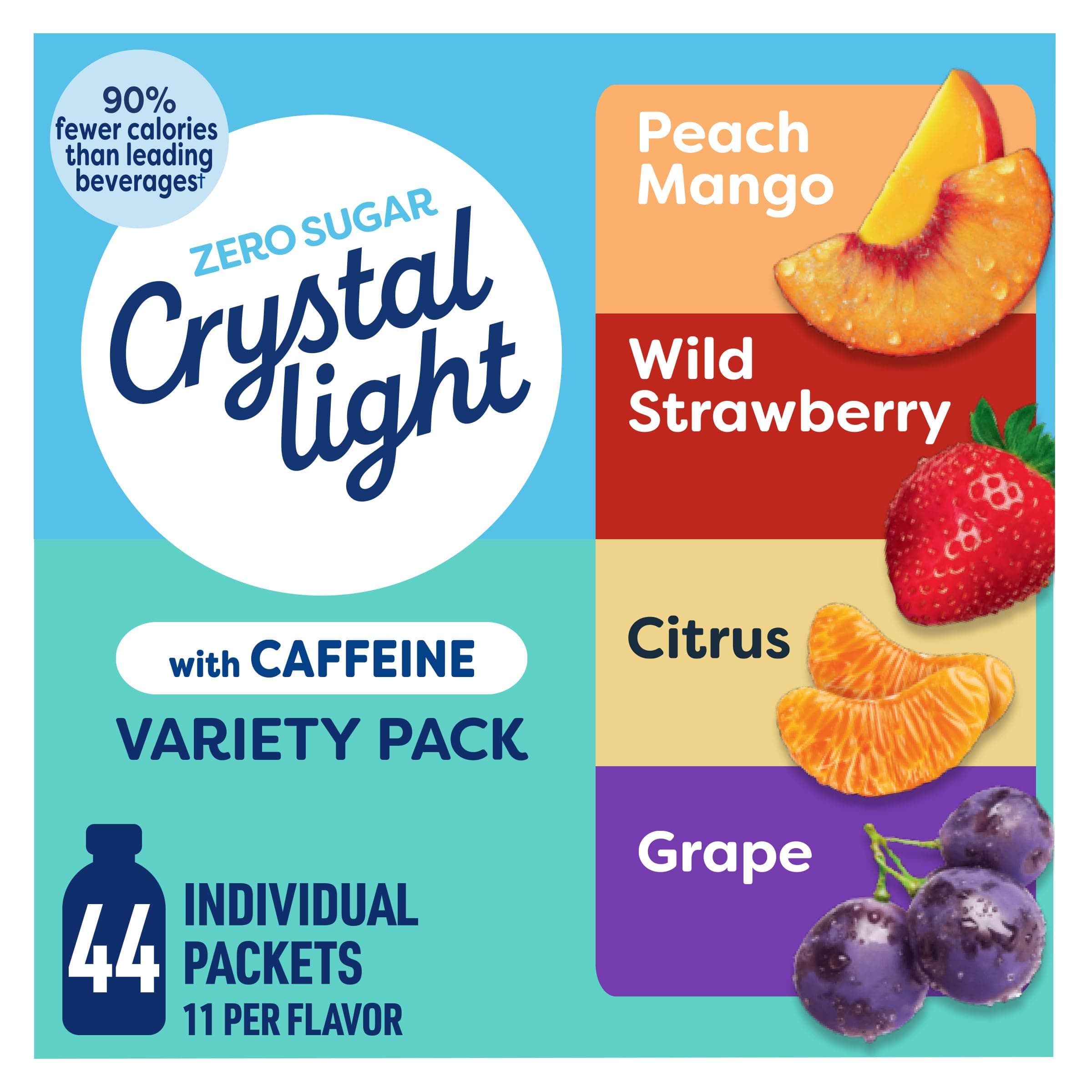 Energizing Drink Mix with Caffeine Variety Pack, 44 Packets for On-the-Go Hydration, Peach Mango, Wild Strawberry, Citrus, Grape, Naturally and Artificially Flavored, Zero Sugar, 4.18 oz