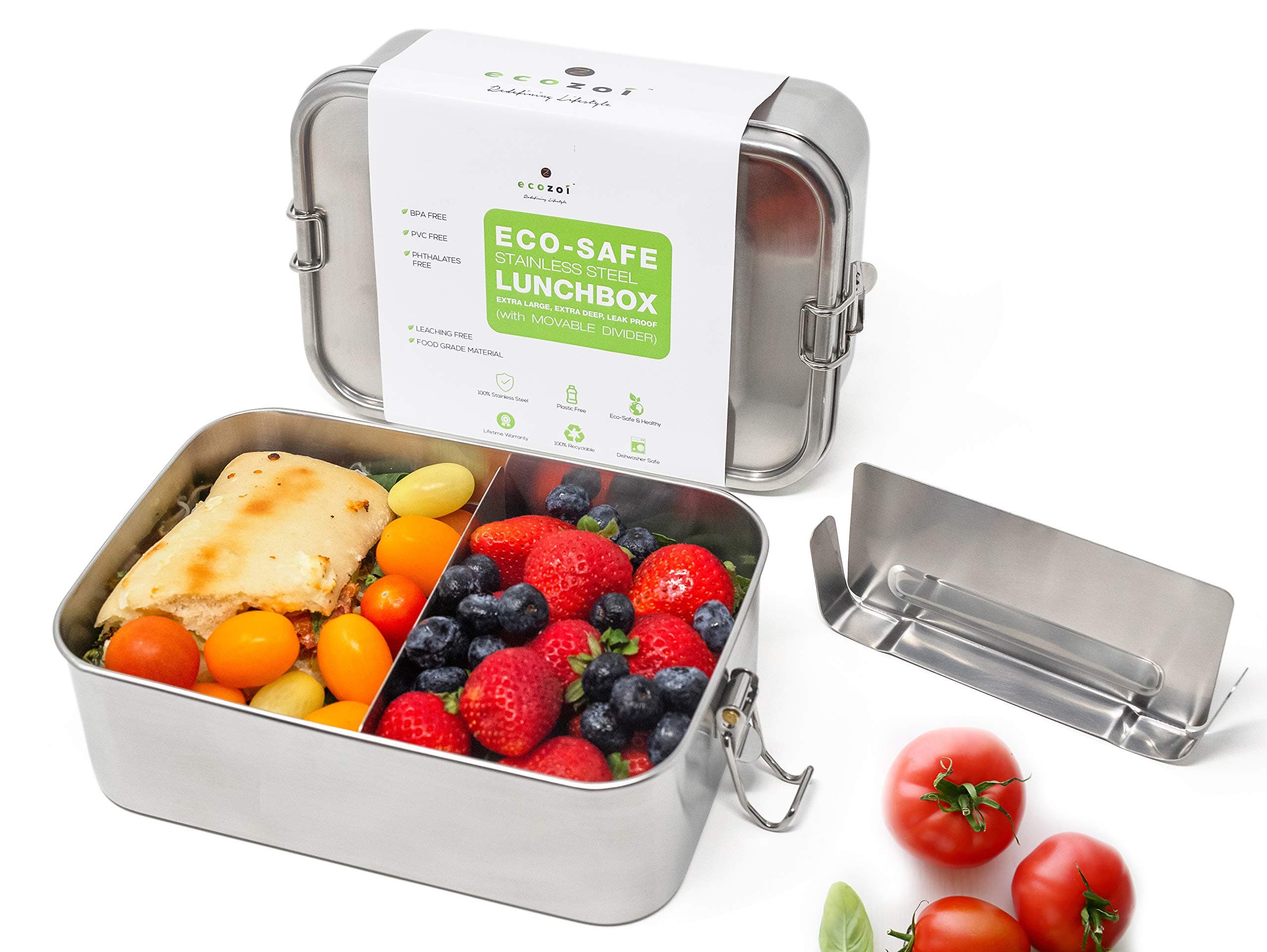 Stainless Steel Lunch Box, Leak Proof 2 Compartment With Removable Divider | Large Eco Metal Bento Box, Leak Proof | Zero Waste Food Storage Container