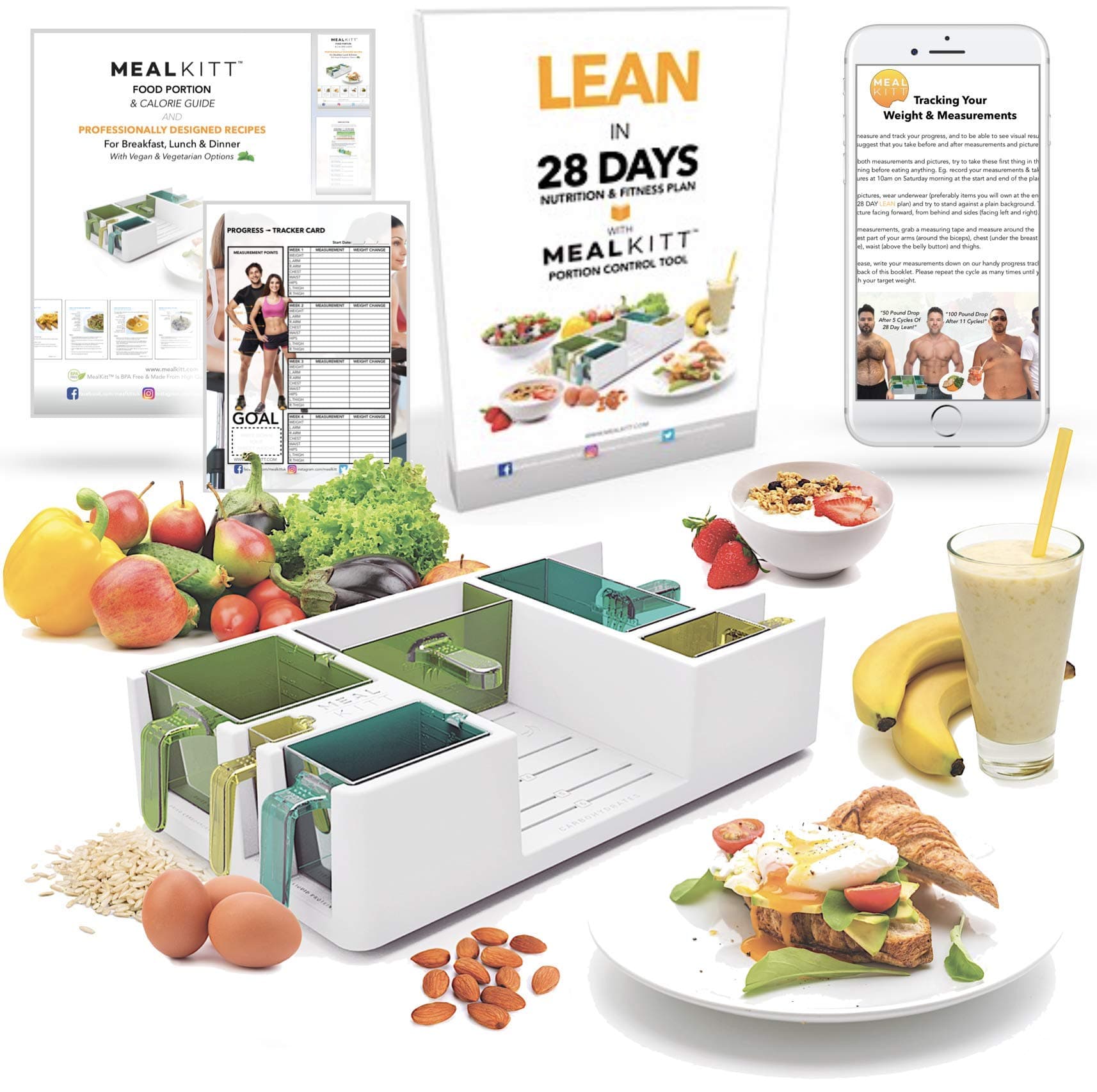 MealKitt Meal prep & portion container It calorie counts for you. Comes with a Recipe Book + Diet Guide. Get healthy and learn about nutrition. Contact us for any support.