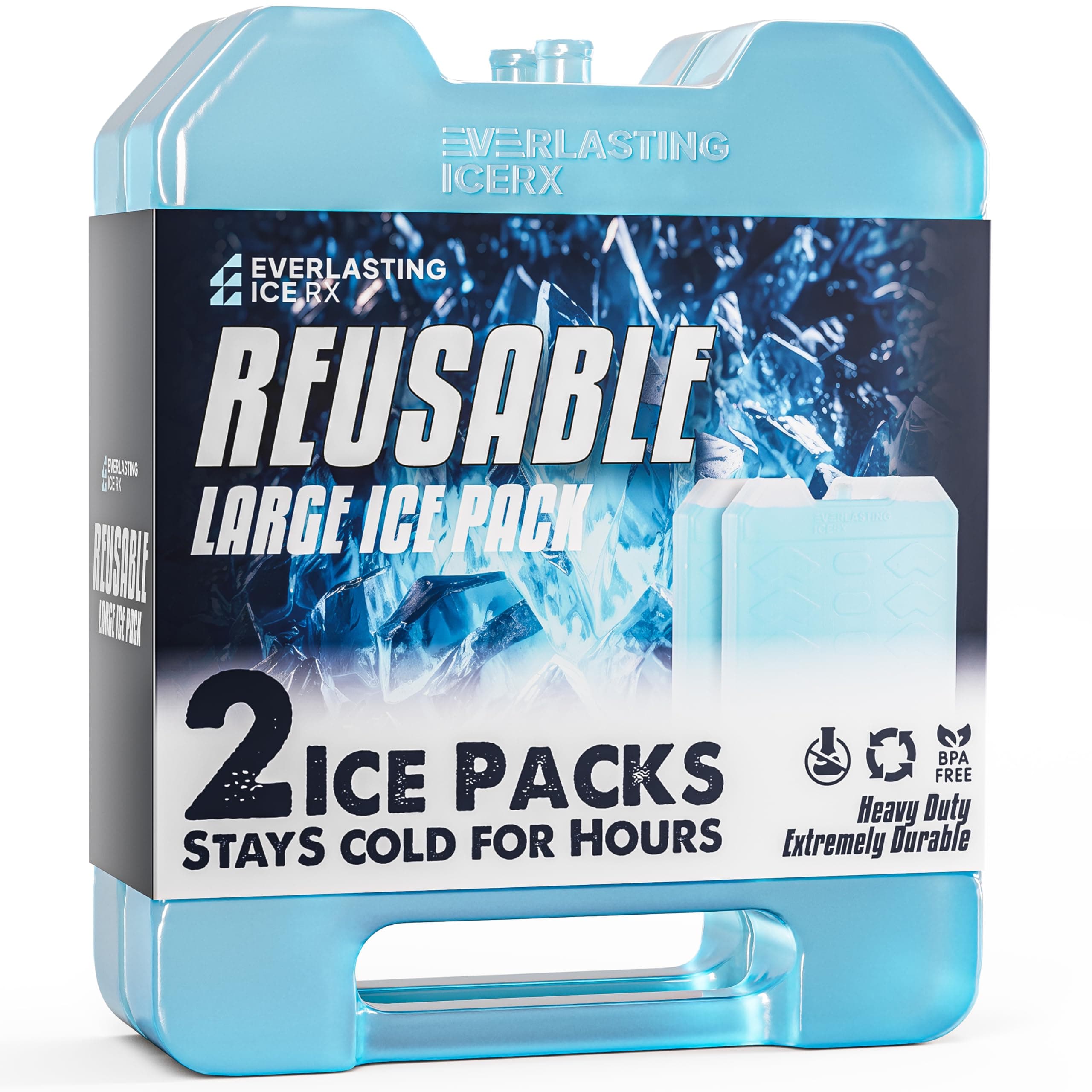 Everlasting Ice RX Large Reusable Ice Packs for Cooler with Handle (4 Pack) Long Lasting Coolness, BPA Free, Freezer Packs for Extended Cooling | Cooler Ice Packs for Camping, Fishing, Hiking, Beach