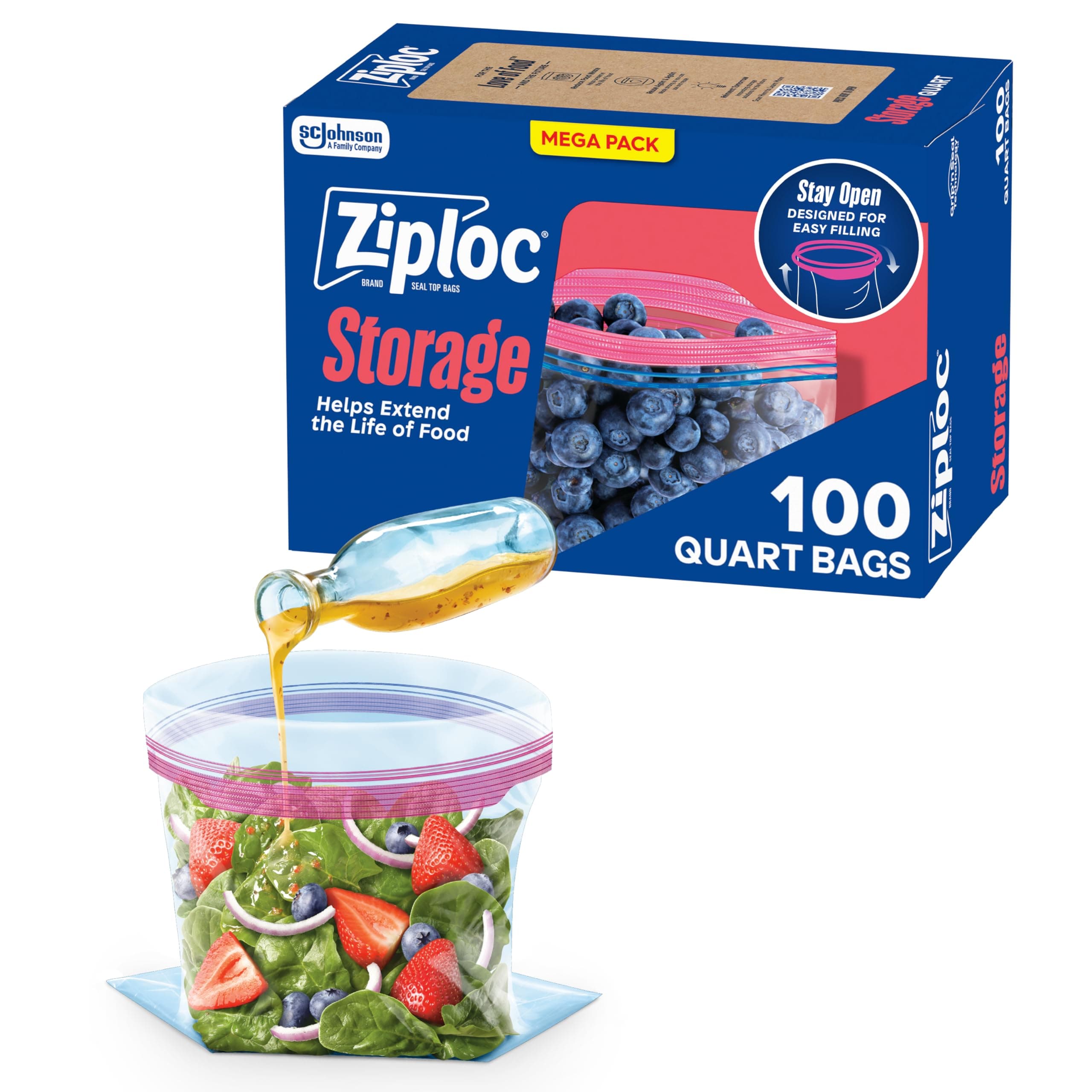 Ziploc Quart Food Storage Bags, Grip 'n Seal Technology for Easier Grip, Open, and Close, 100 Count