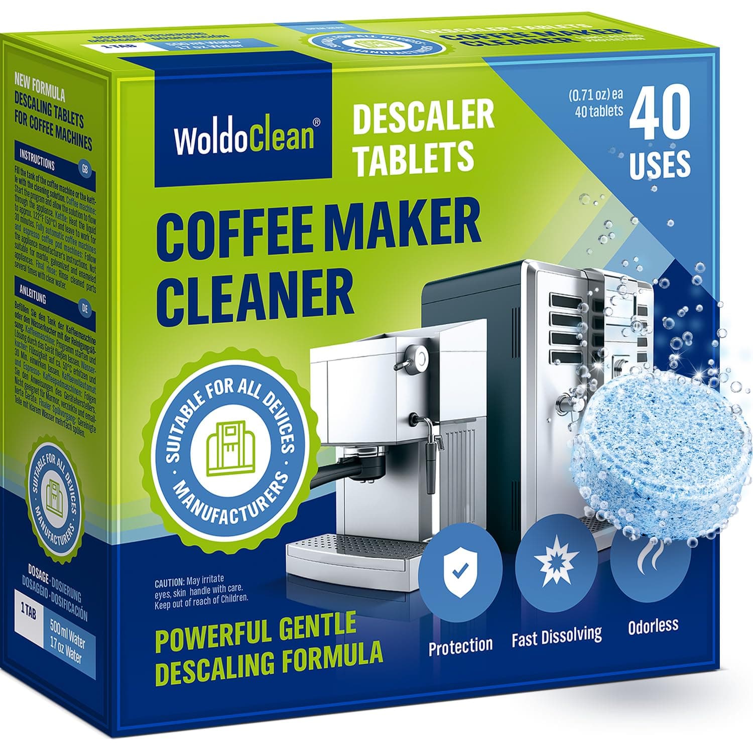 WoldoClean XL Coffee Maker Cleaner & Descaler Tablets - 40 Heavy Duty 16g Tabs, Limescale Remover compatible with Keurig K-Cup, Nespresso Vertuo & Ninja