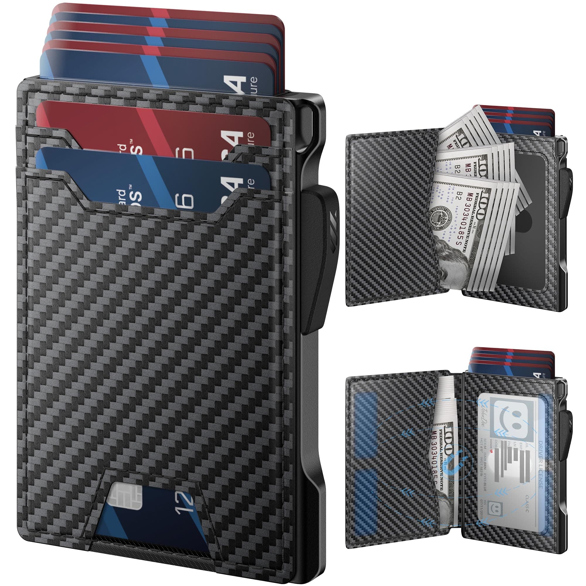 typecaseWallet for Men: Rfid-blocking with Money Clip Slim Leather Bifold ID Window Smart Pop Up Card Case Front Pocket Wallet with Gift Box (Cash Slot Carbon Fiber)