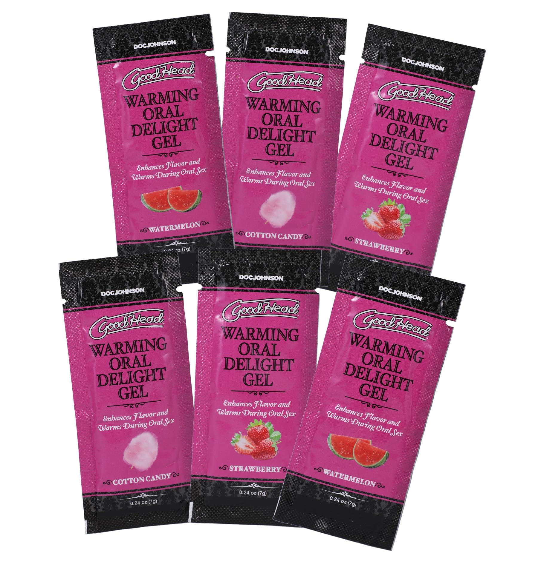 Doc Johnson GoodHead - Warming Head Oral Delight Gel - 6 X 0.24 oz. Packets - Strawberry, Cotton Candy, Watermelon